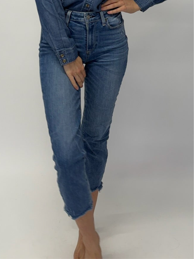 Paige Hoxton Cropped Straight Leg Jeans High Waist - Mid Blue (Size 26")