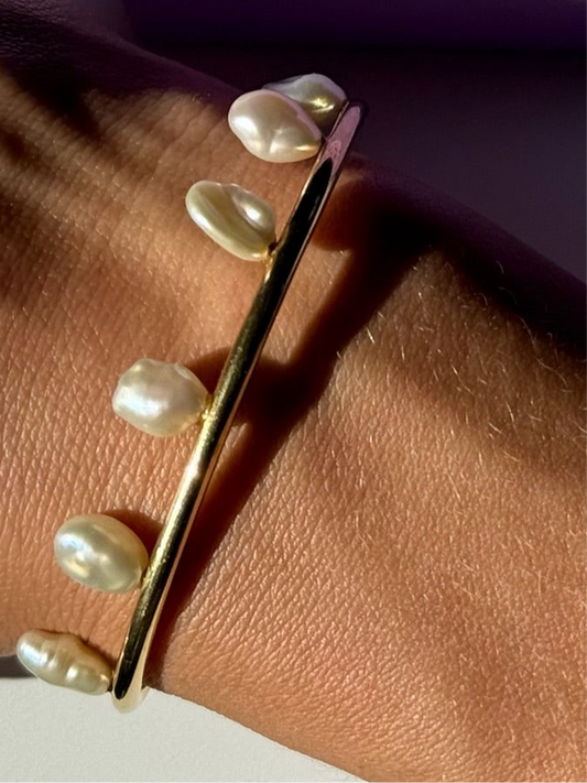 Maria Black Gold & Natural Pearl Fine Cuff Bracelet - Gold & Pearl
