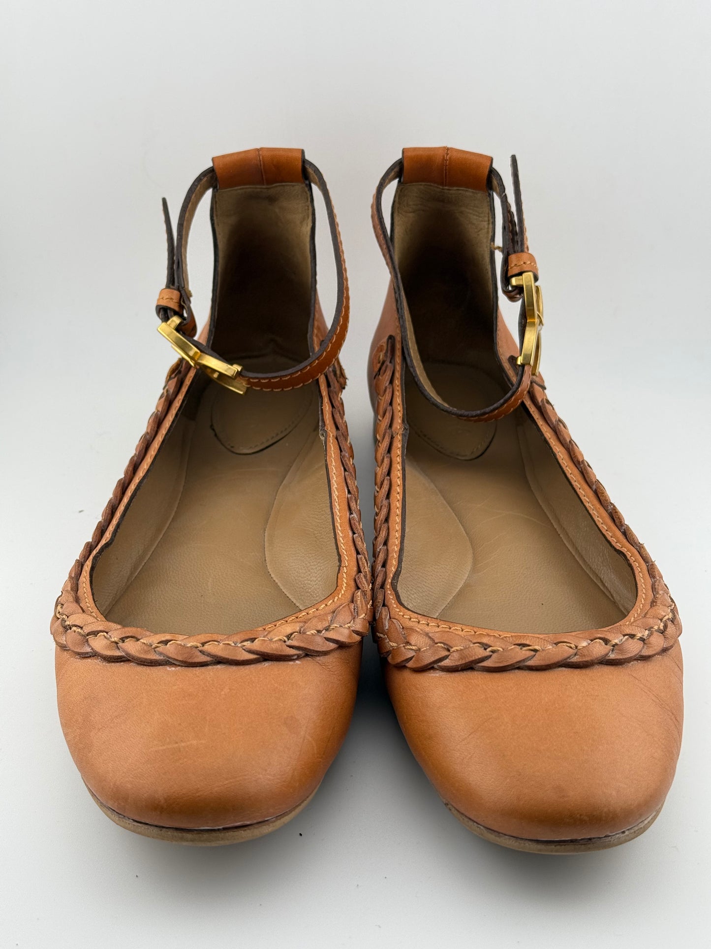 Chloe Bellet Flats with Ankle Strap & Plaited Trim - Tan (EUR 39.5)
