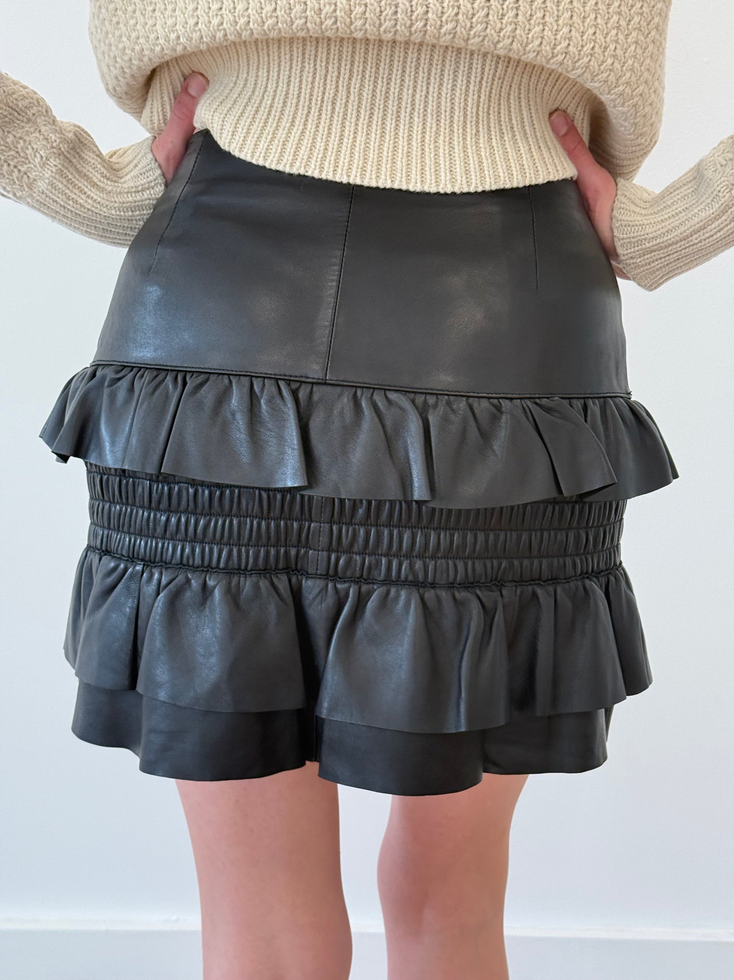 Maje Leather Ruffle Skirt - Black (Estimated Size 8)