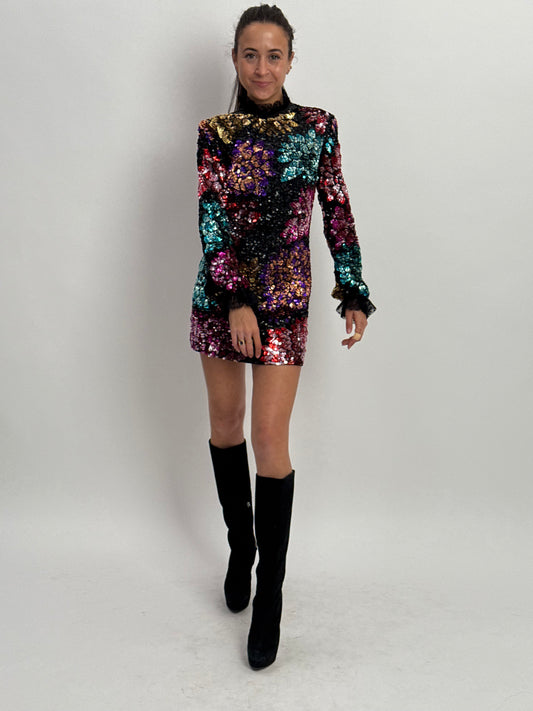 Millie Mackintosh All Over Flower Sequin Mini Dress with Ruffle Sleeve & Collar - Black & Multi (UK 8)