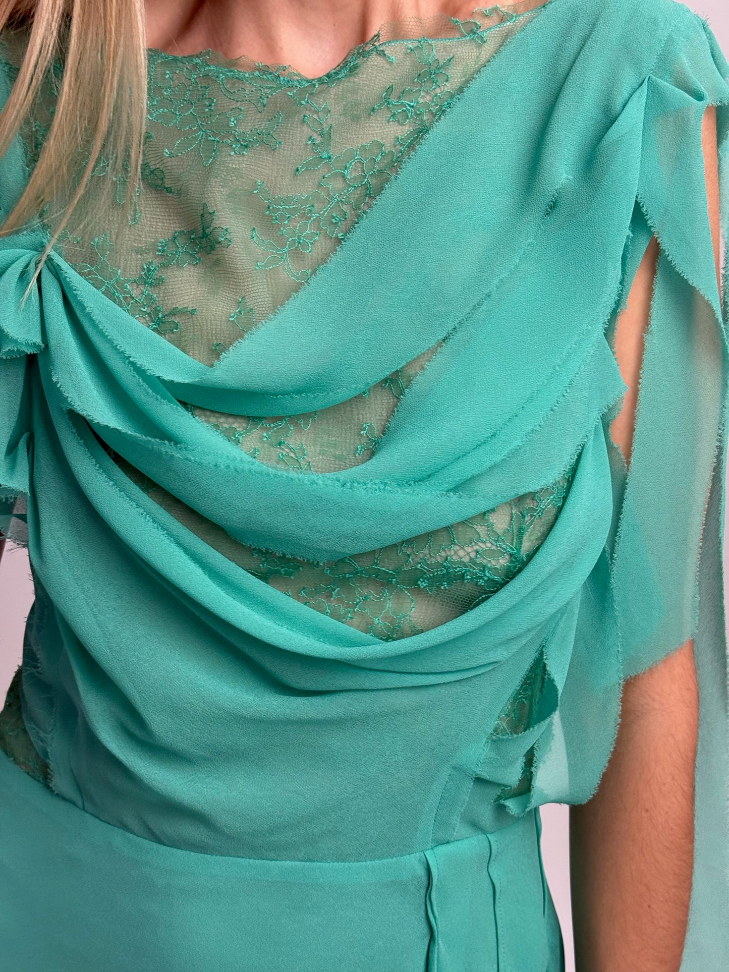 Nina Ricci Seafoam Midi Dress with Lace & Drape Details - Seafoam (Estimated Size Small)