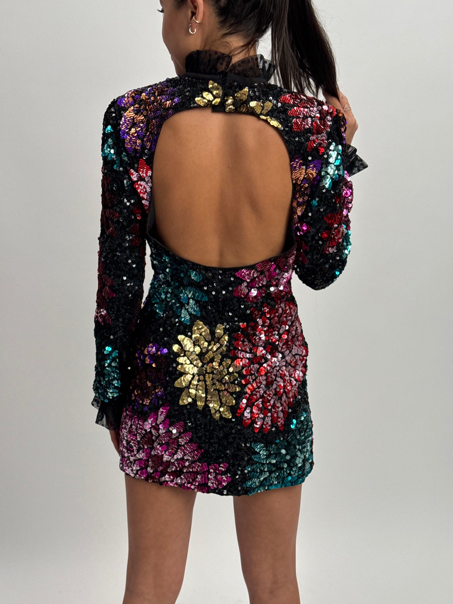 Millie Mackintosh All Over Flower Sequin Mini Dress with Ruffle Sleeve & Collar - Black & Multi (UK 8)