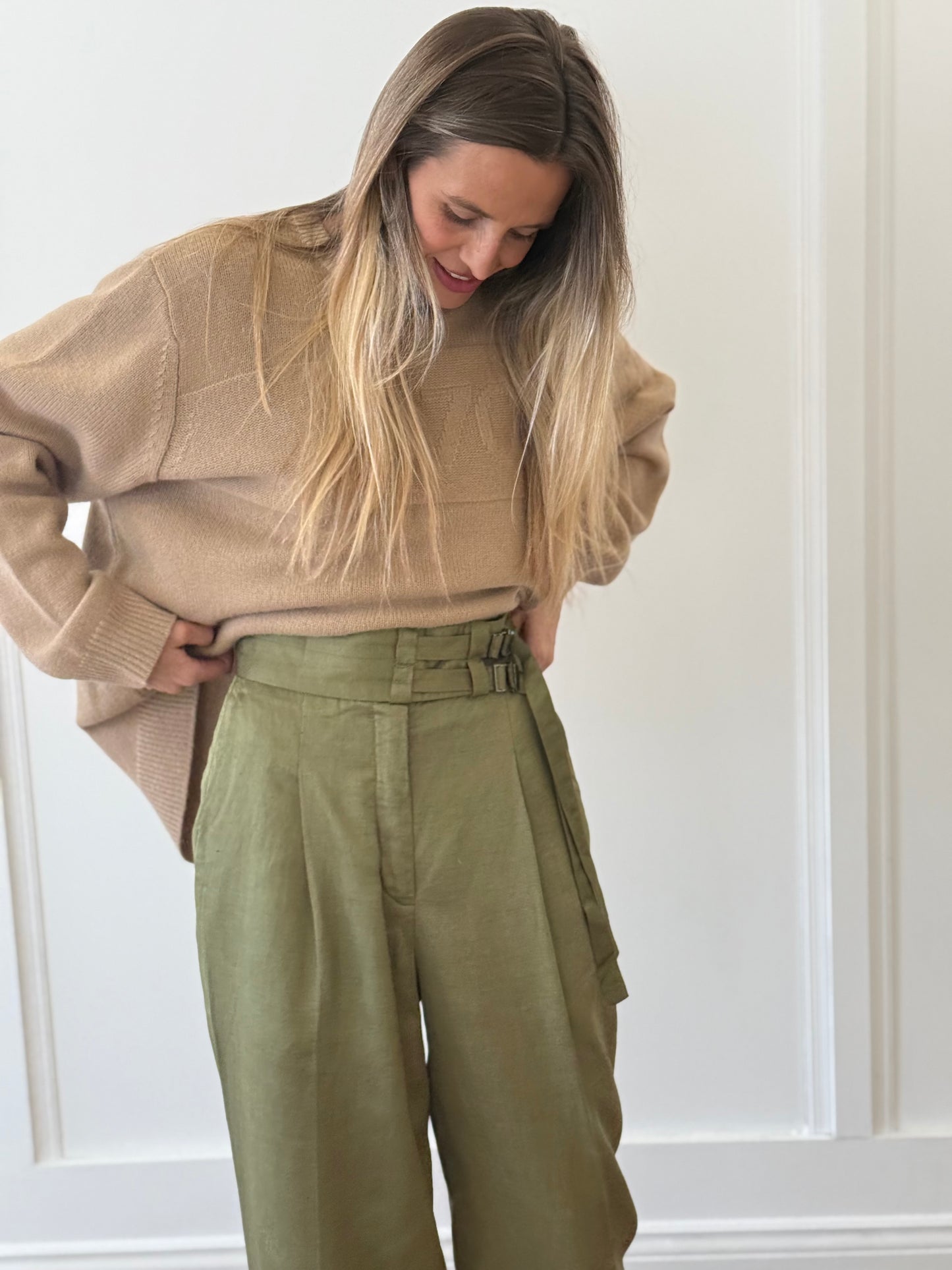 Sandro Green Barrel Leg Pants with Adjustable Belt - Khaki (Size 38)