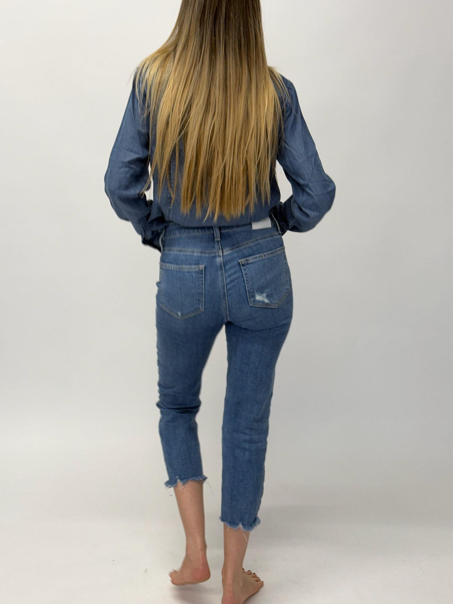 Paige Hoxton Cropped Straight Leg Jeans High Waist - Mid Blue (Size 26")