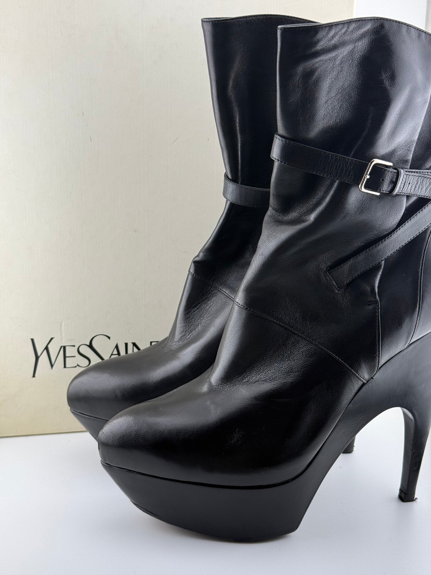 YSL Platform Ankle Boots with Single Buckle & Strap - Black (EUR 40)