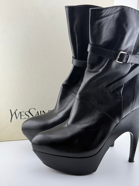 YSL Platform Ankle Boots with Single Buckle & Strap - Black (EUR 40)