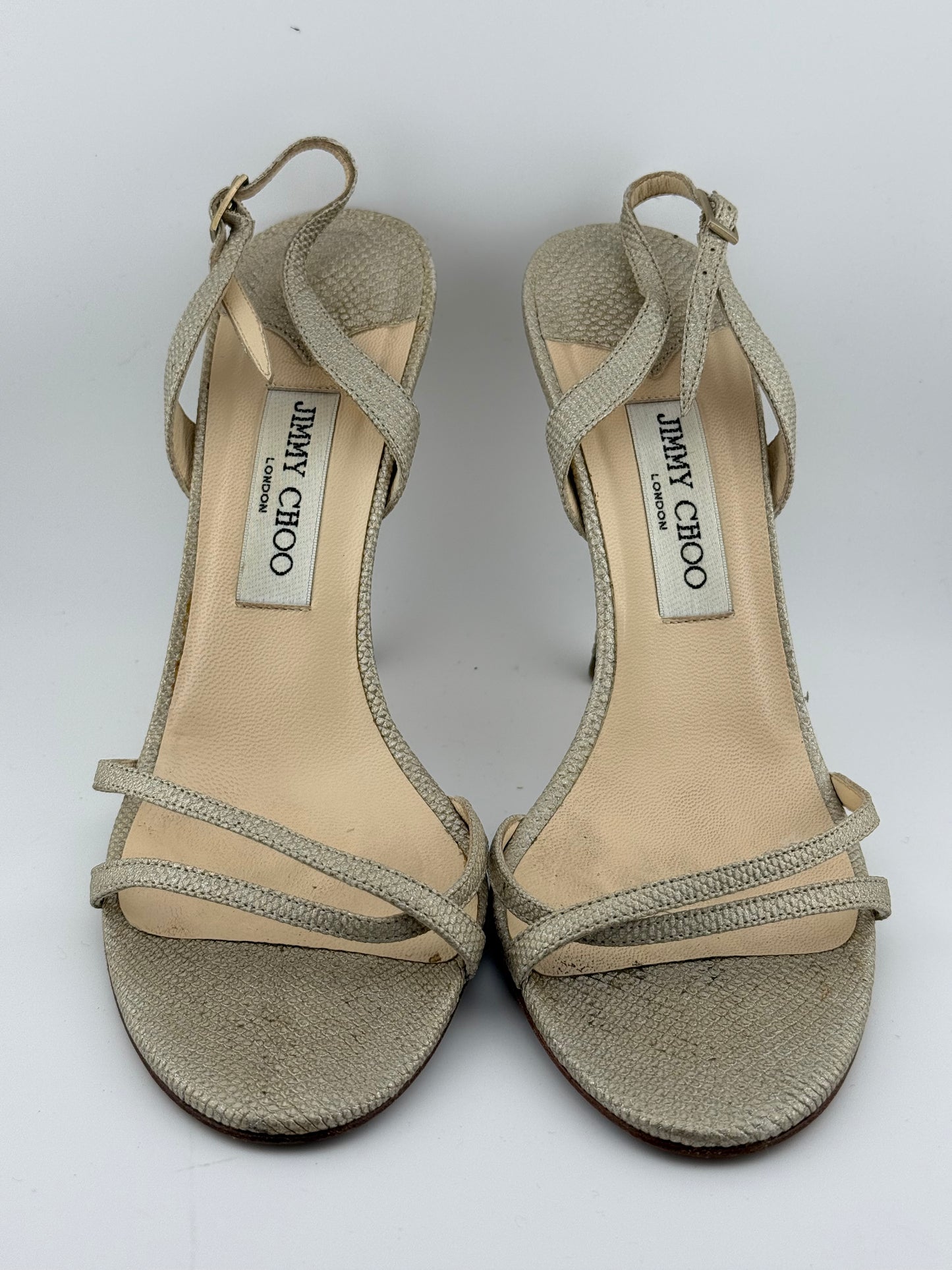 Jimmy Choo Sandals with Open Toe & Sling Back Strap - Gold Snake (EUR 40)