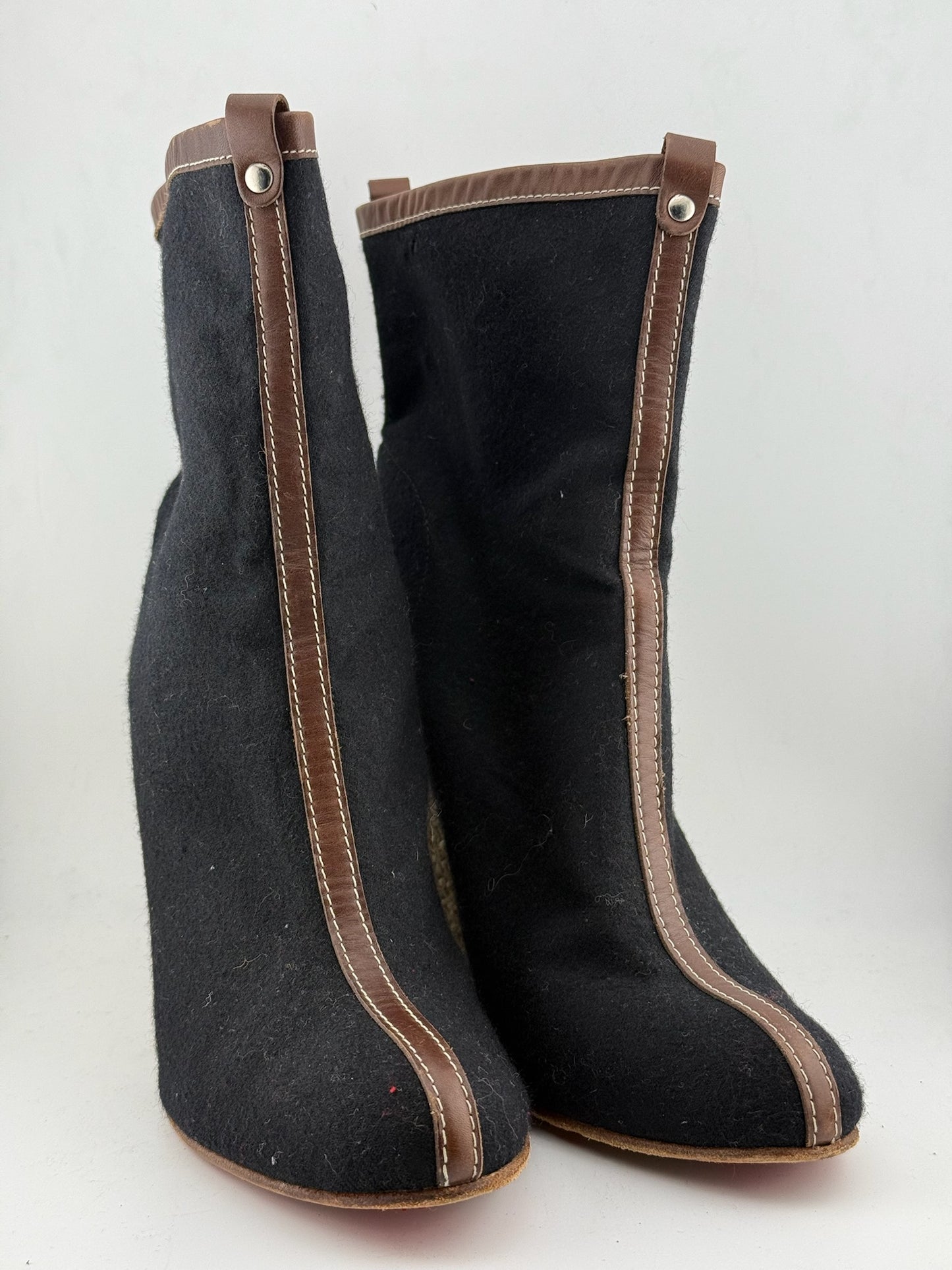 Christian Louboutin Felt Ankle Boot with Jute Wedge Heel - Black/Brown (Size 40)