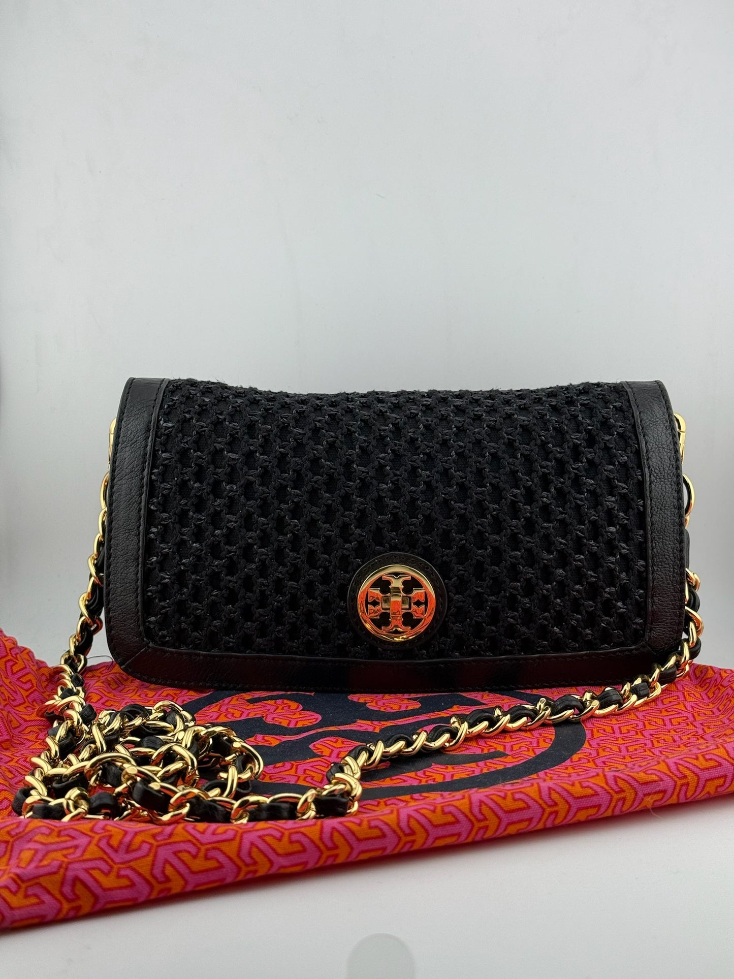 Tory Burch Woven Clutch with Cross Body Chain - Black (O/S)