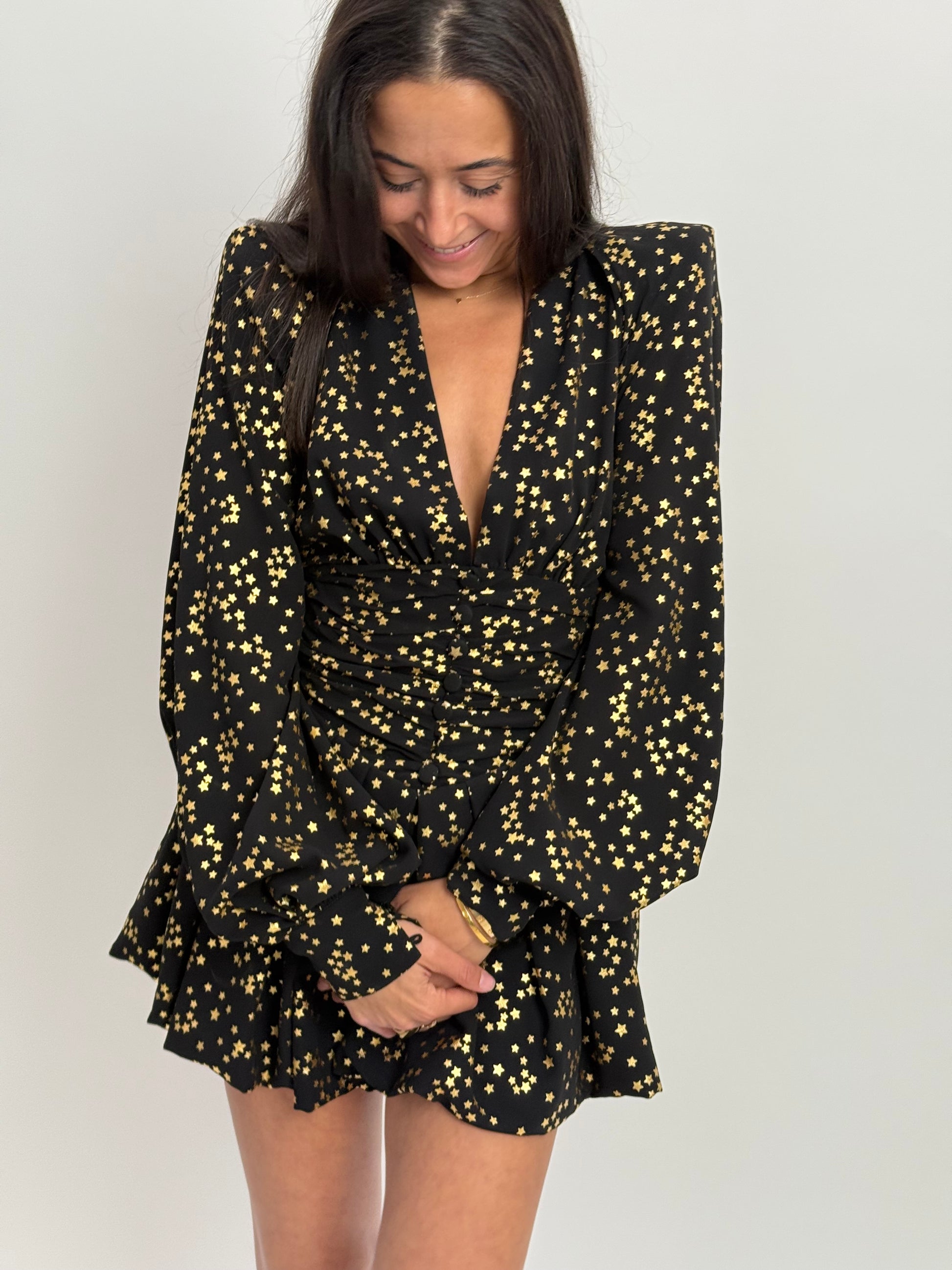 THE ATTICO Gathered Gold Star Mini Dress with Shoulder Pad & Cut Out D The Edited Version THE ATTICO Gathered Gold Star Mini Dress with Shoulder Pad & Cut Out D The Edited Version