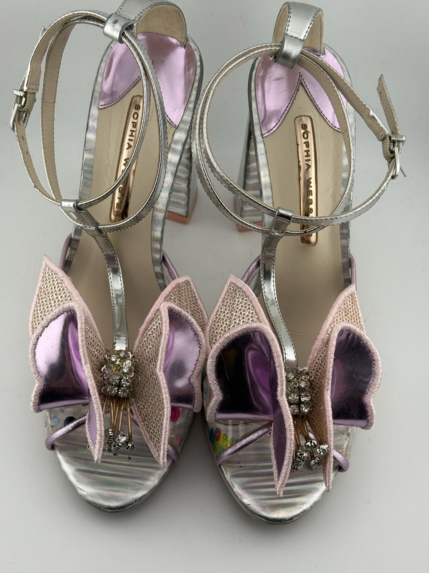 Sophia Webster Butterfly Peep Toe with Block Heel & Ankle Strap - Purple/Metallic (Size 41)