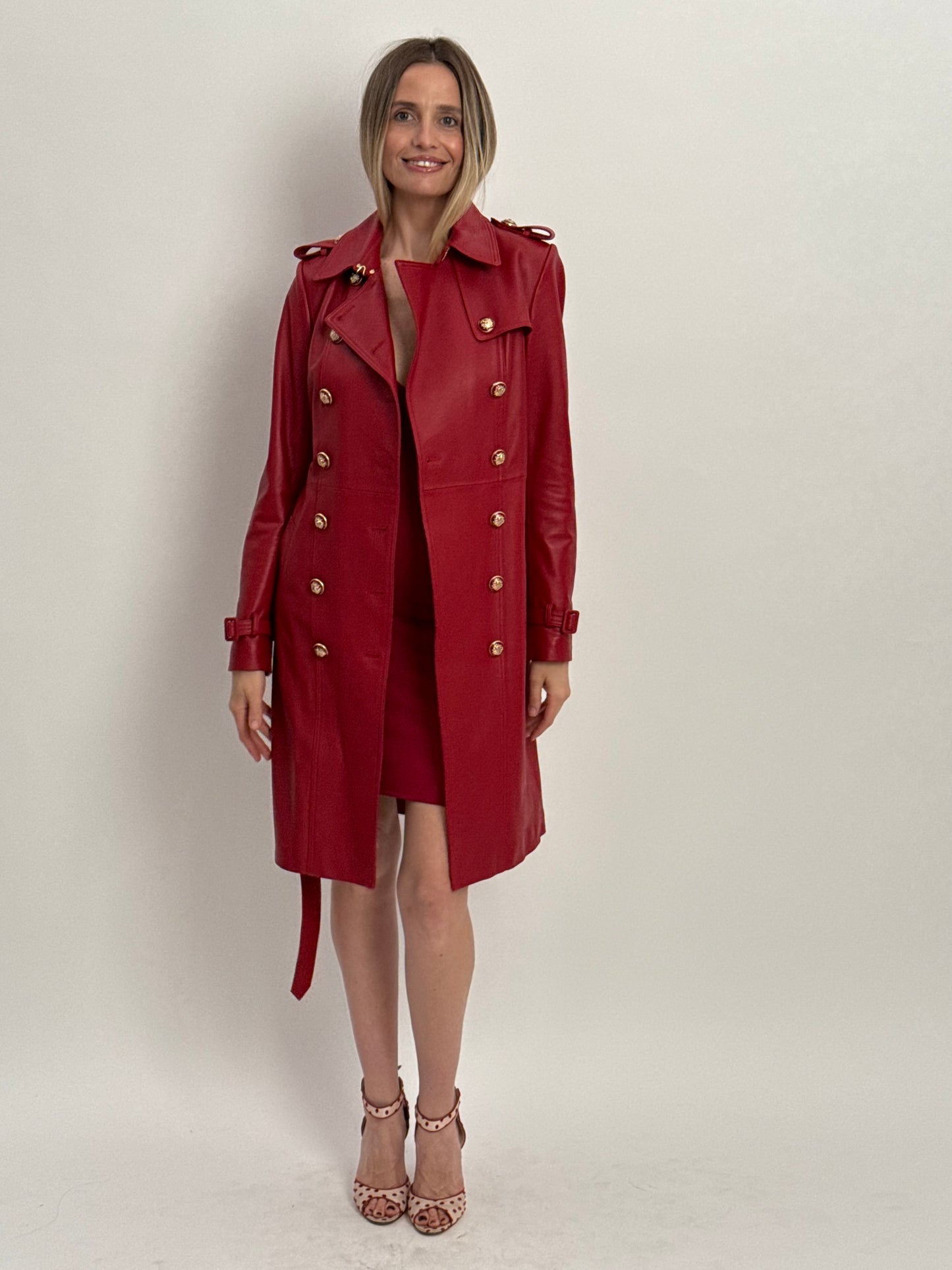 Santinni Couture Leather Trench Jacket - Red (Medium)