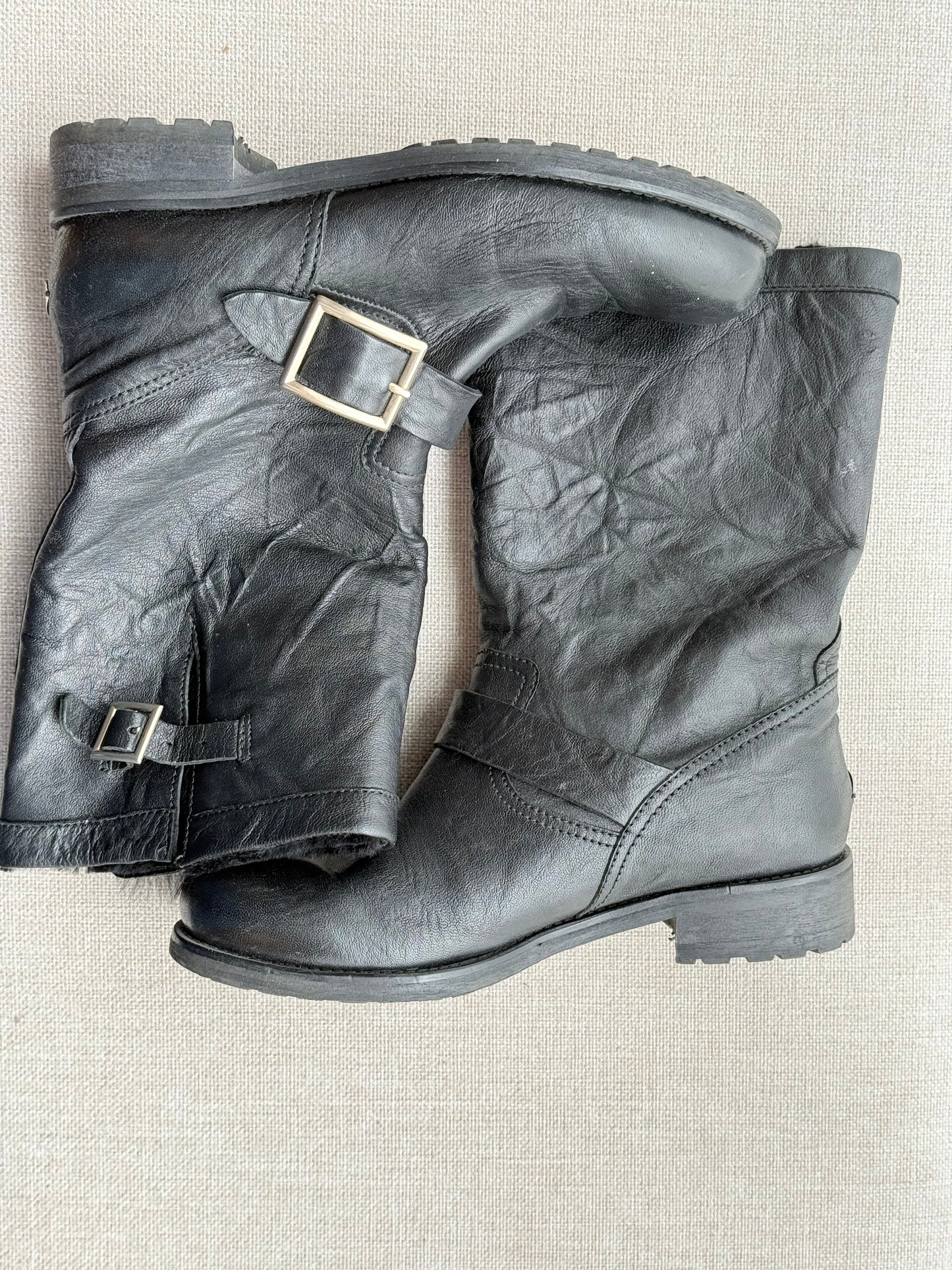 Jimmy Choo Mid-Calf Leather Boots with Fur Lining – Size 5