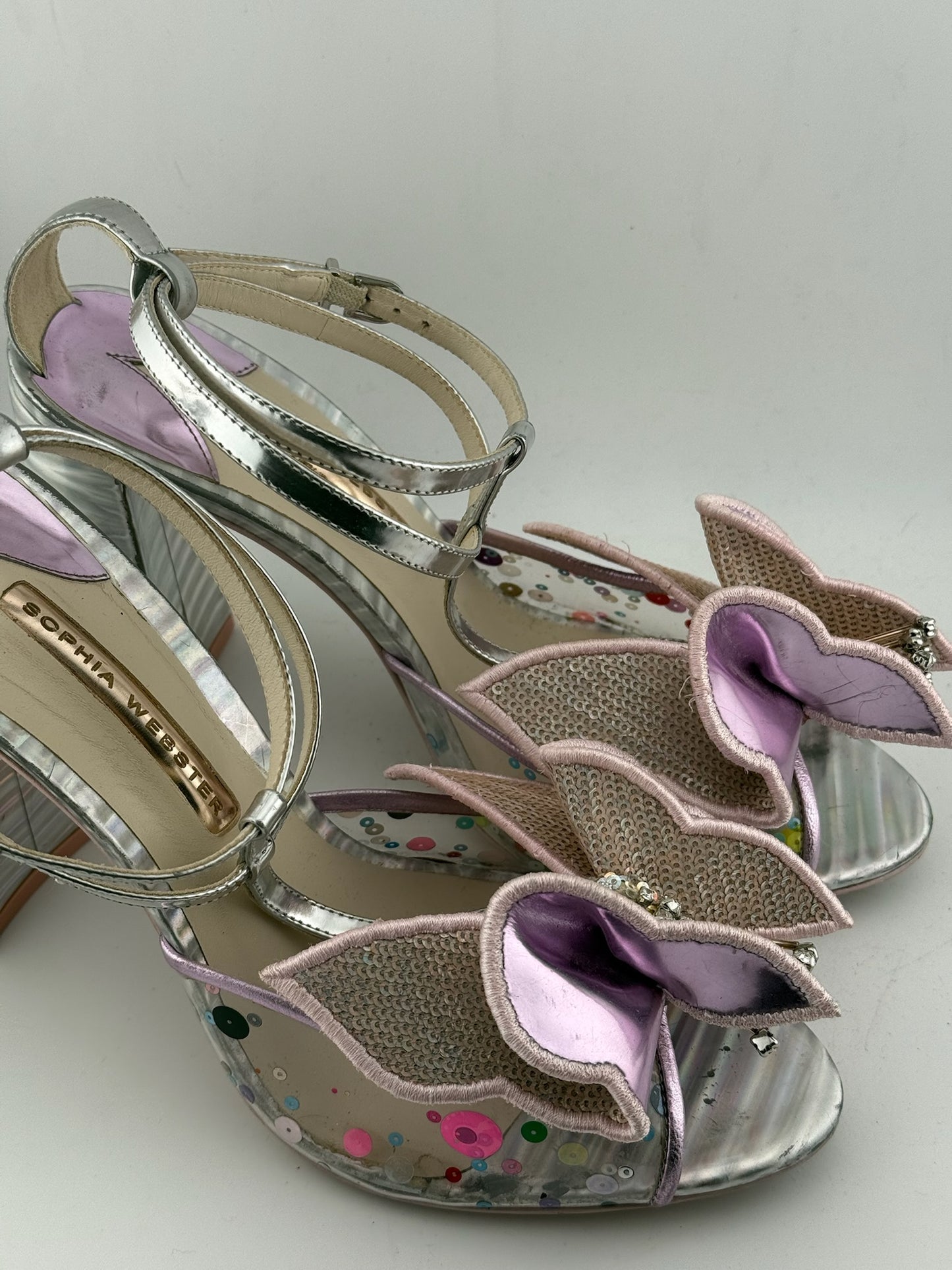 Sophia Webster Butterfly Peep Toe with Block Heel & Ankle Strap - Purple/Metallic (Size 41)