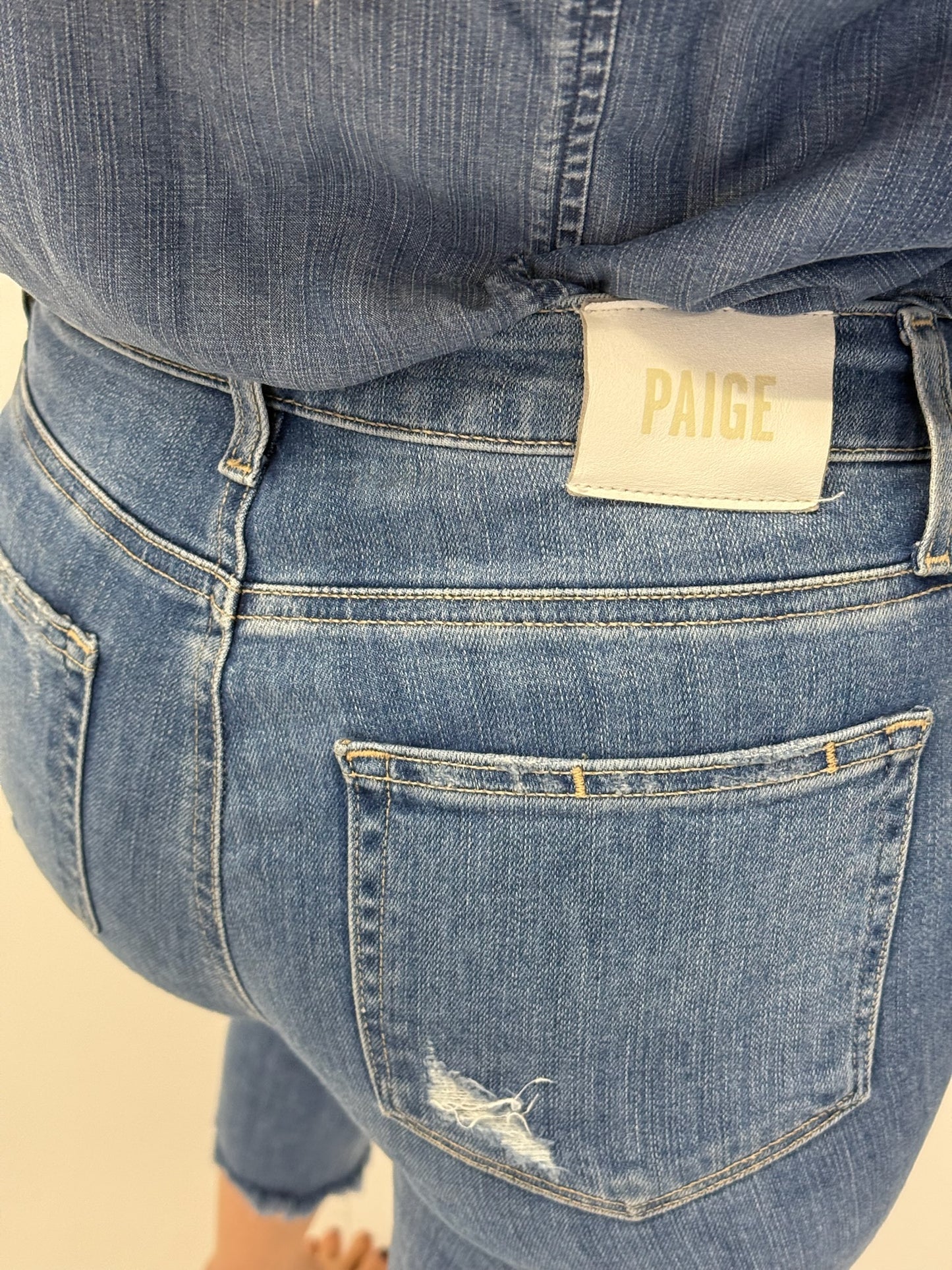 Paige Hoxton Cropped Straight Leg Jeans High Waist - Mid Blue (Size 26")