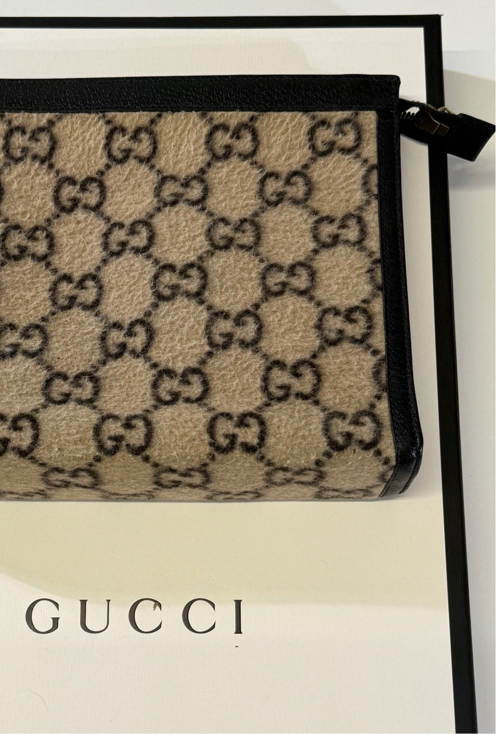 Gucci Faux Fur Monogram Logo Large Single Zip Clutch Bag - Monogram Print