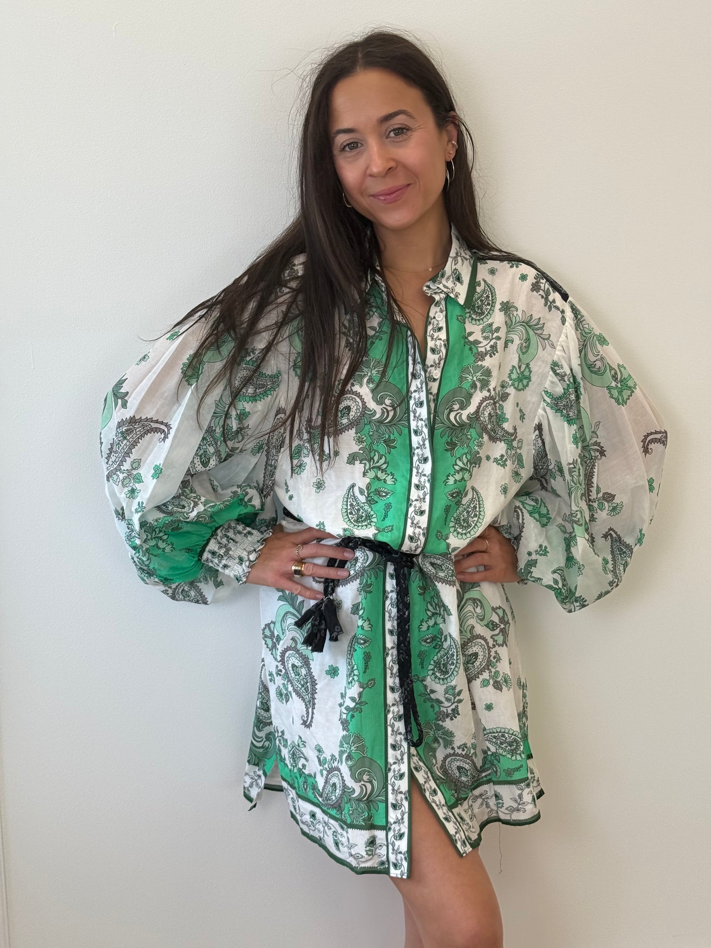 Alice + Olivia Green Paisley Shirt Dress with Plaited Belt (8)