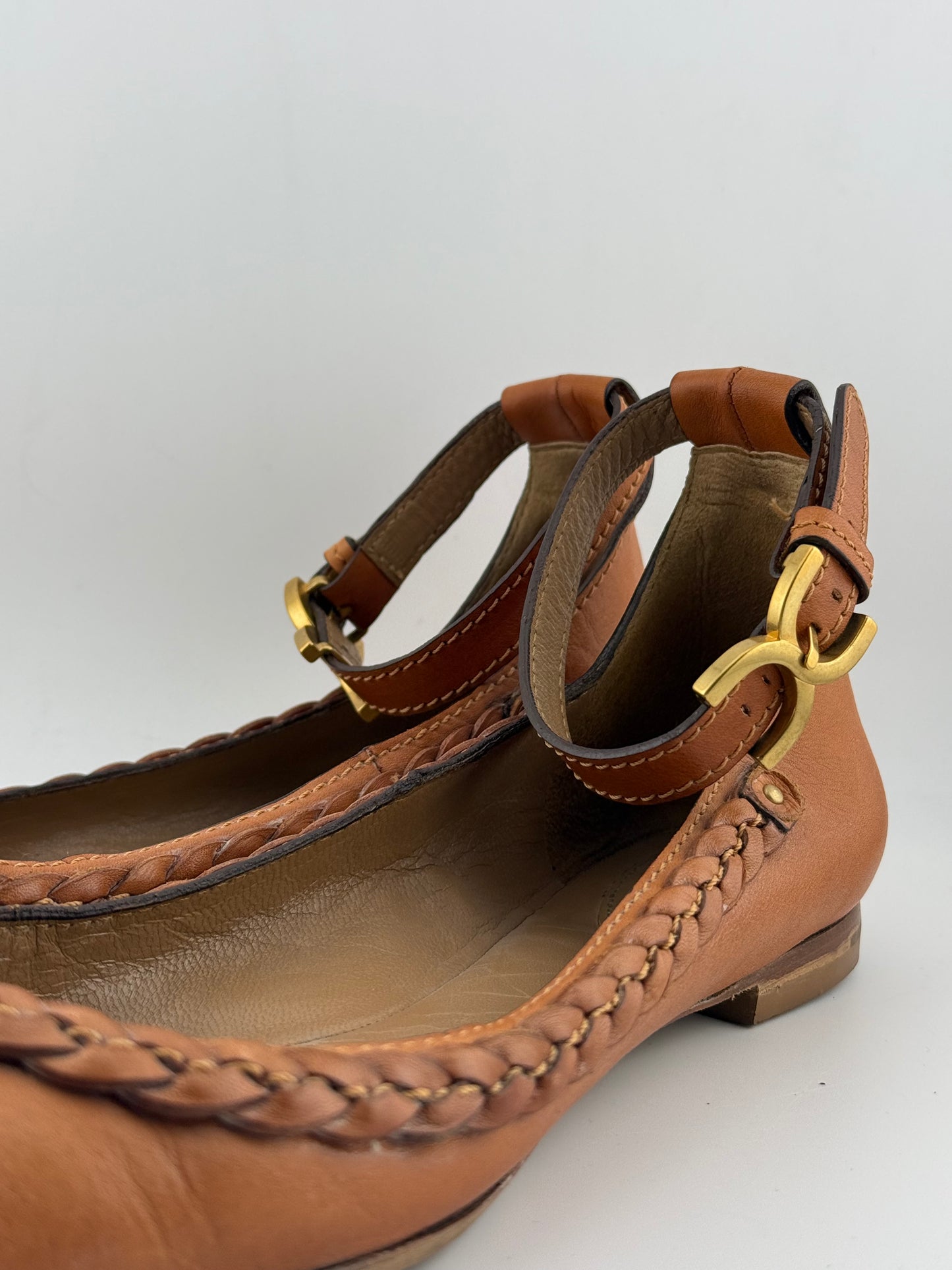 Chloe Bellet Flats with Ankle Strap & Plaited Trim - Tan (EUR 39.5)