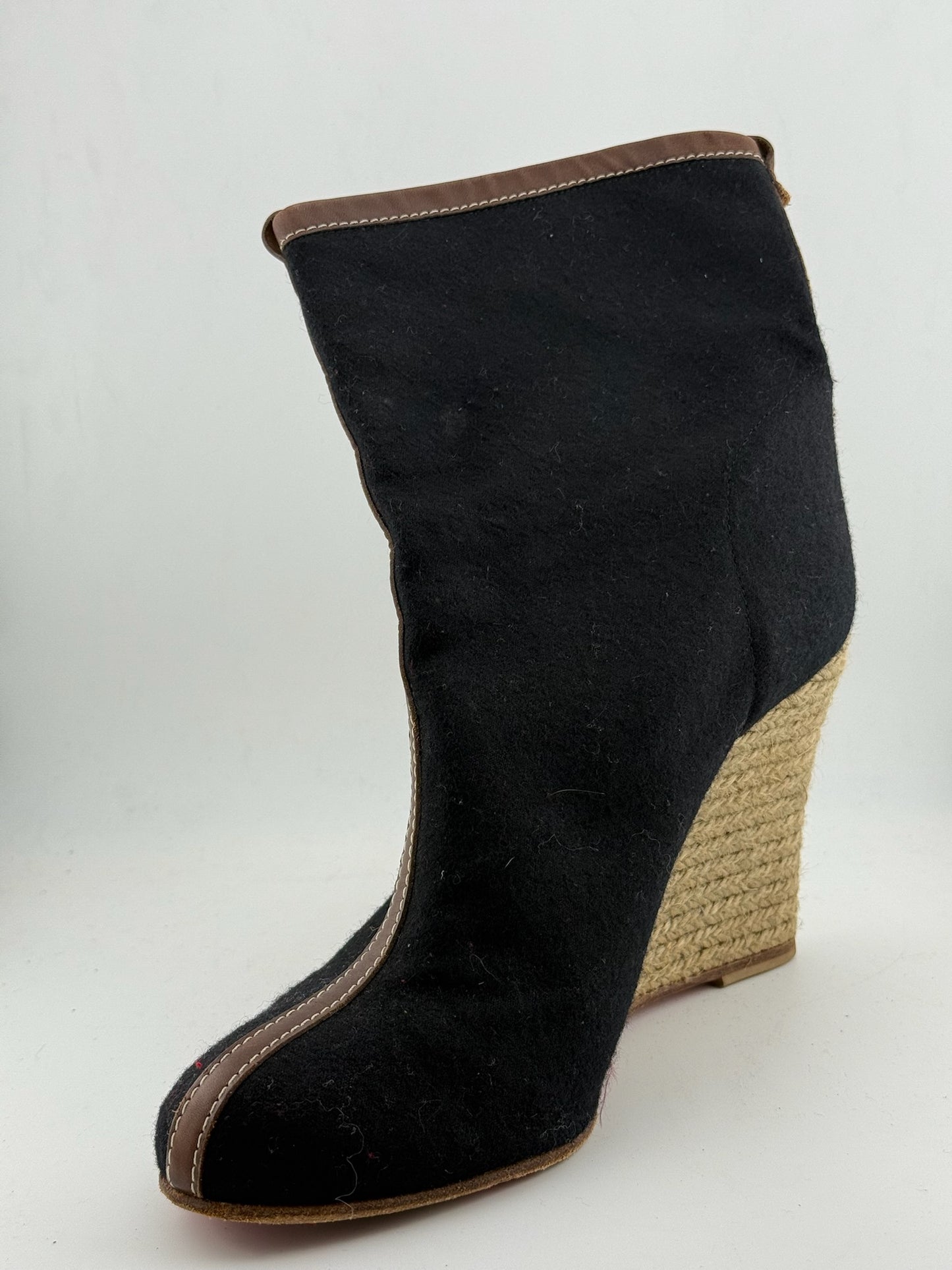 Christian Louboutin Felt Ankle Boot with Jute Wedge Heel - Black/Brown (Size 40)