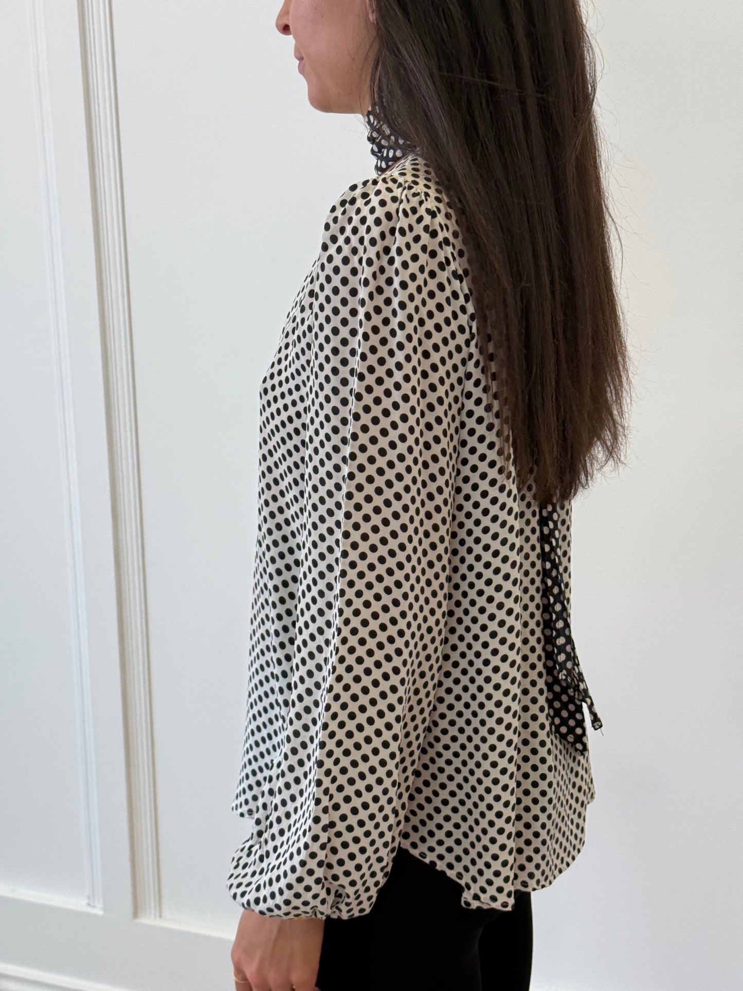 Rixo Spotty Pussy Bow Blouse - Black/White (Size S)