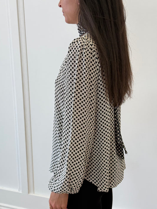 Rixo Spotty Pussy Bow Blouse - Black/White (Size S)