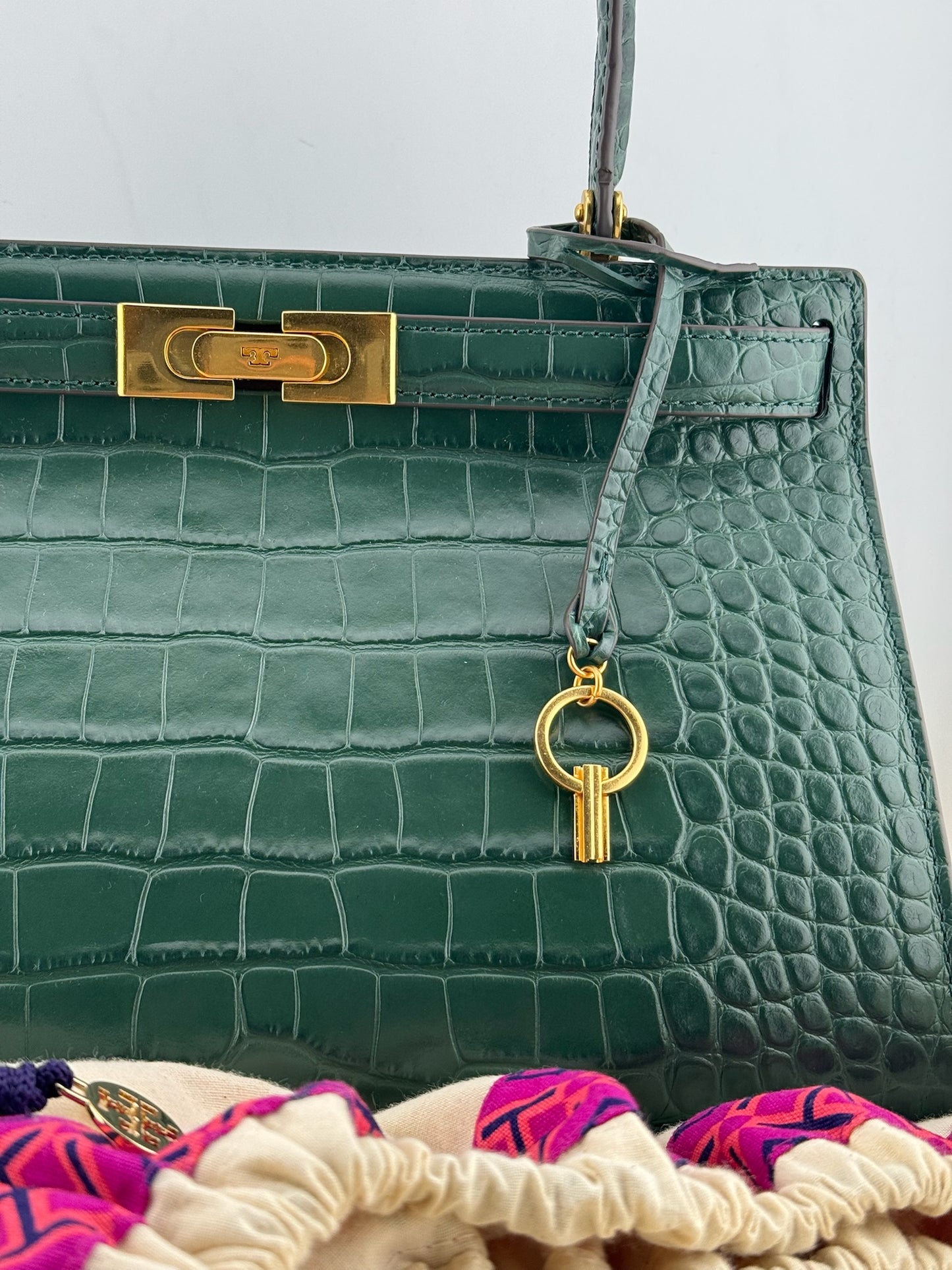 Tory Burch Croc Lee Radziwill Top Handle Bag with Detachable Straps - Green