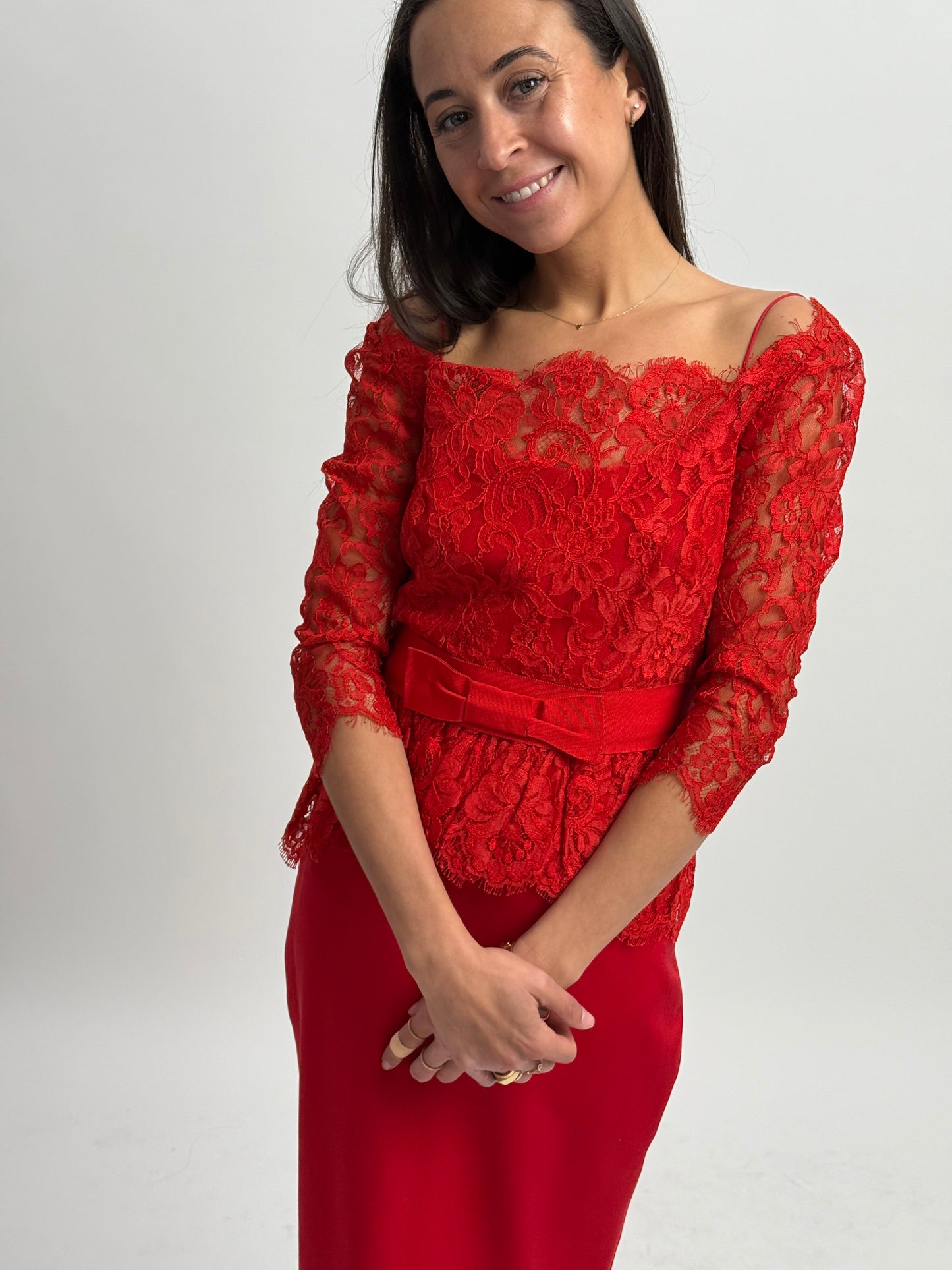 Marchesa Notte Lace Midi Dress - Red (Size 4)