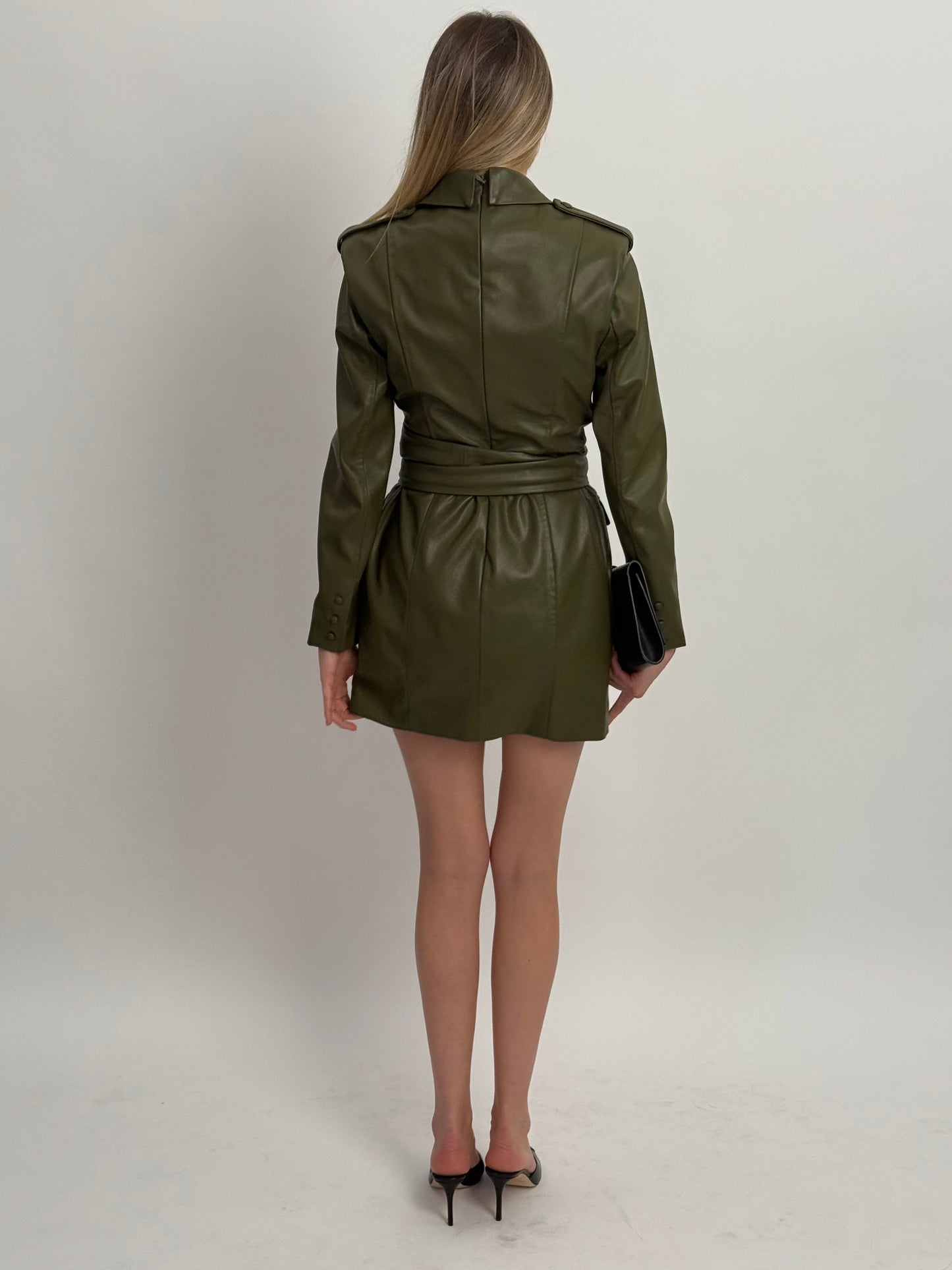 Lavish Alice Vegan Leather Obi Belted Blazer Dress - Olive (UK 10)