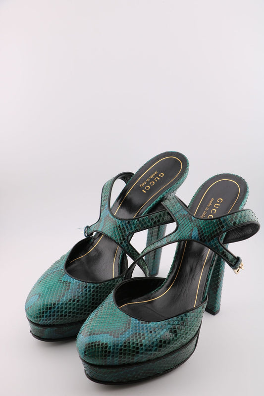 Gucci Round Toe Platform Heels with Ankle Strap in Green Snake (EUR 39)