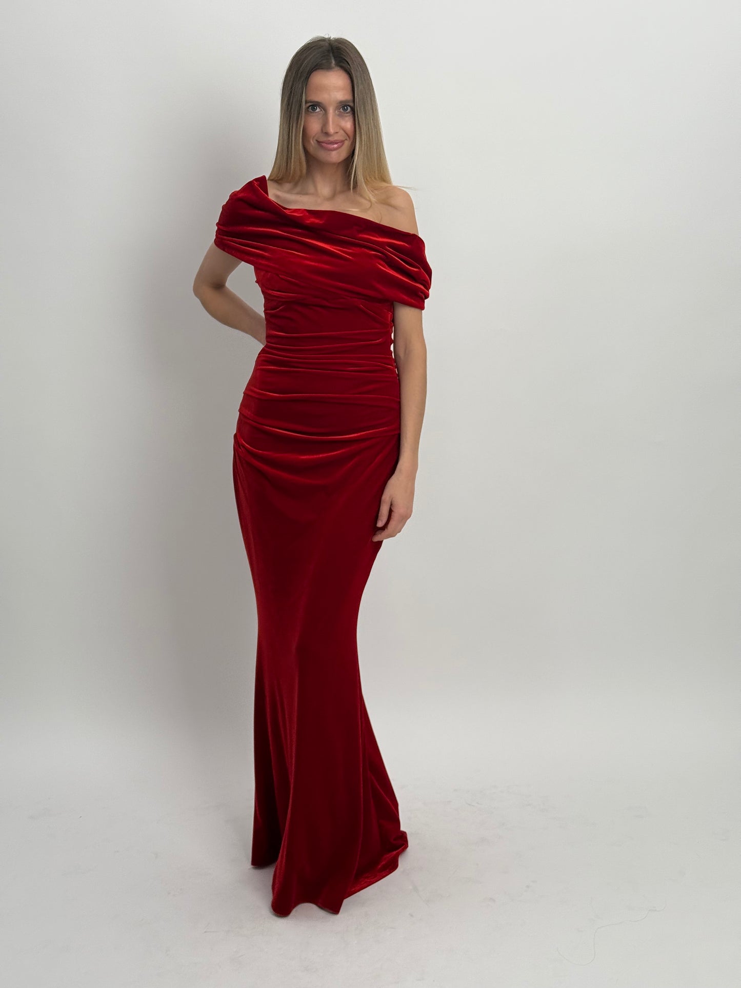 Talbot Runhof Velvet Full Length Gown with Tiered Ruching & Bodice - Red (Estimated Size Small)