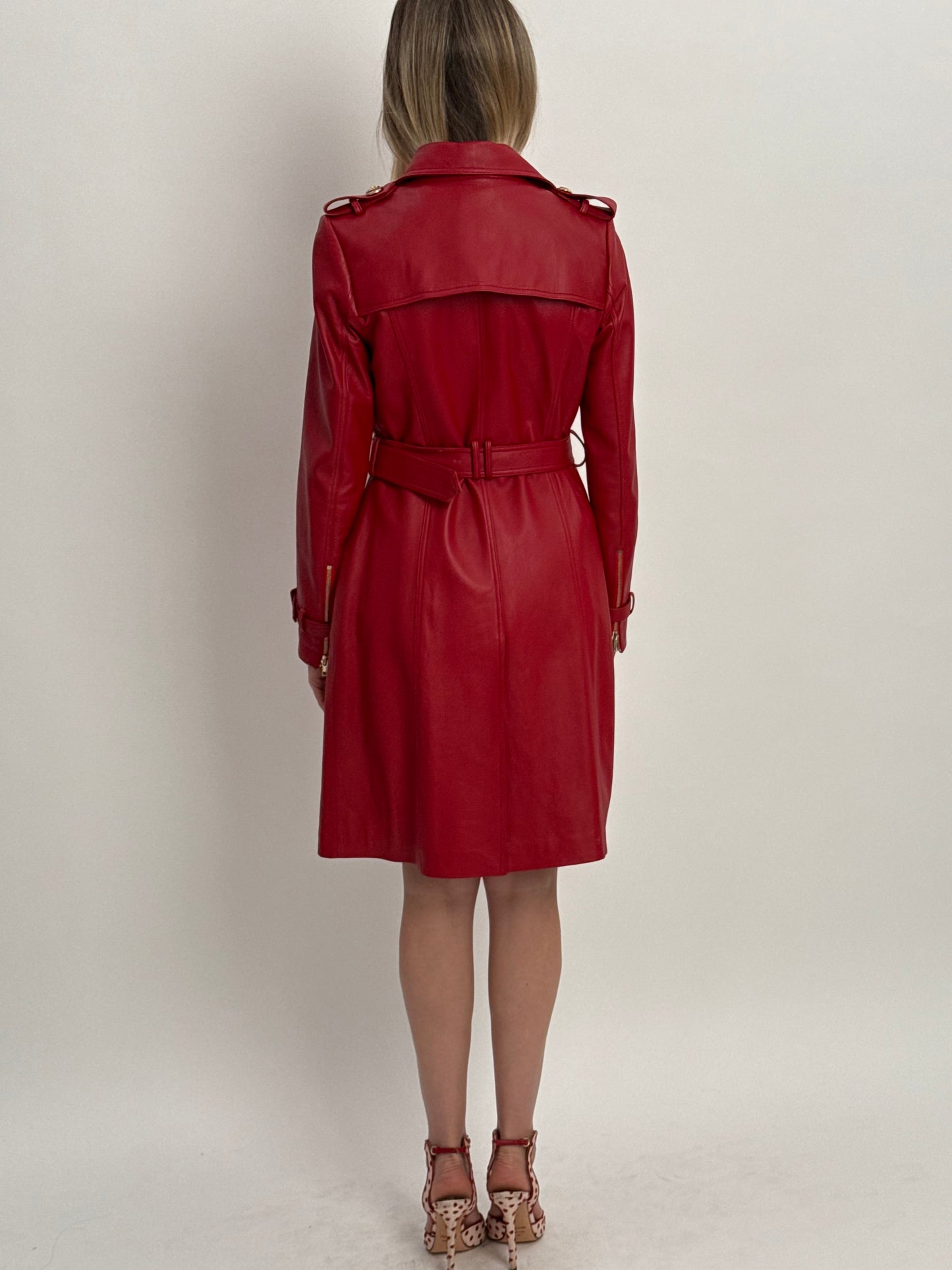 Santinni Couture Leather Trench Jacket - Red (Medium)