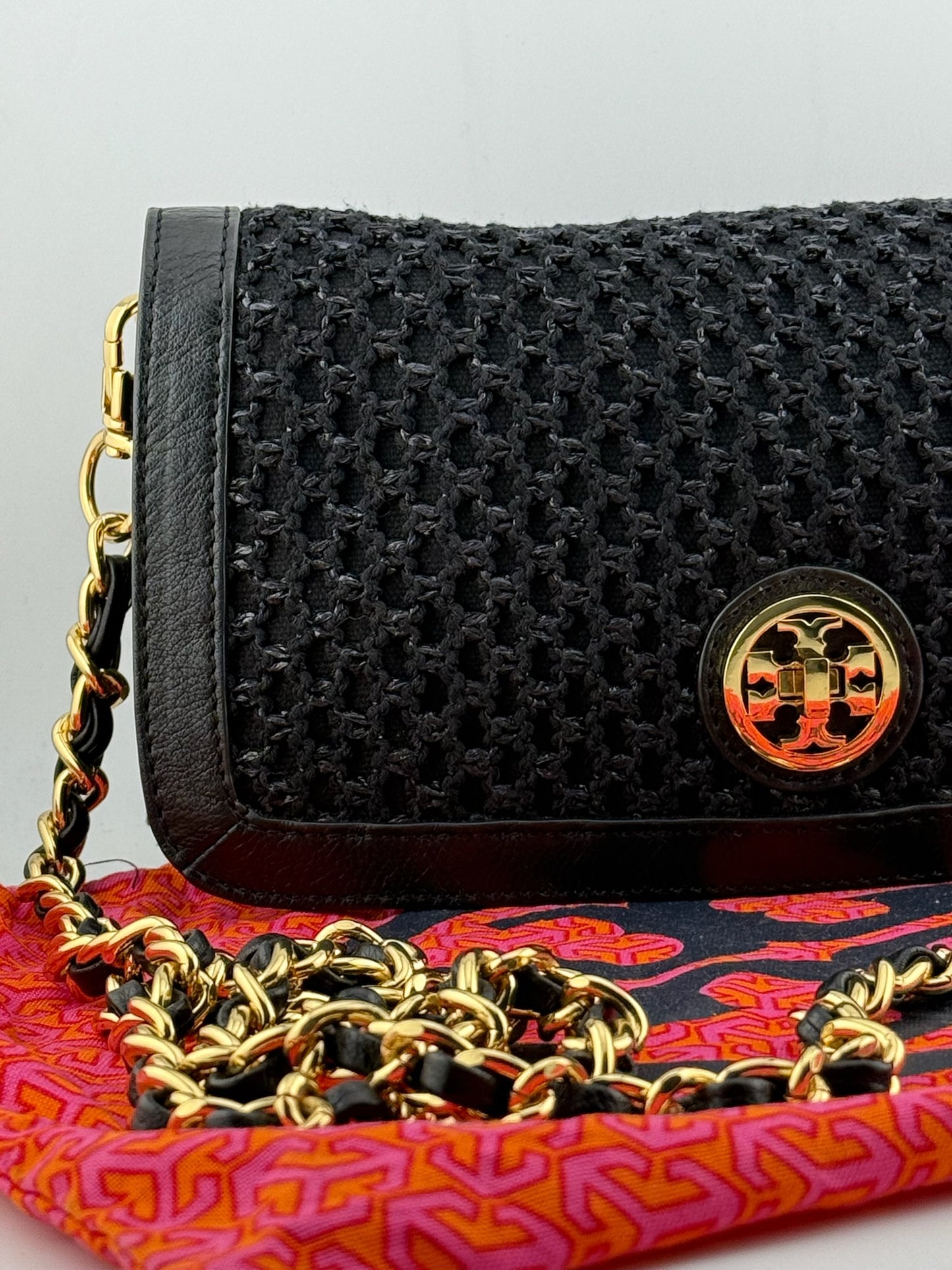 Tory Burch Woven Clutch with Cross Body Chain - Black (O/S)