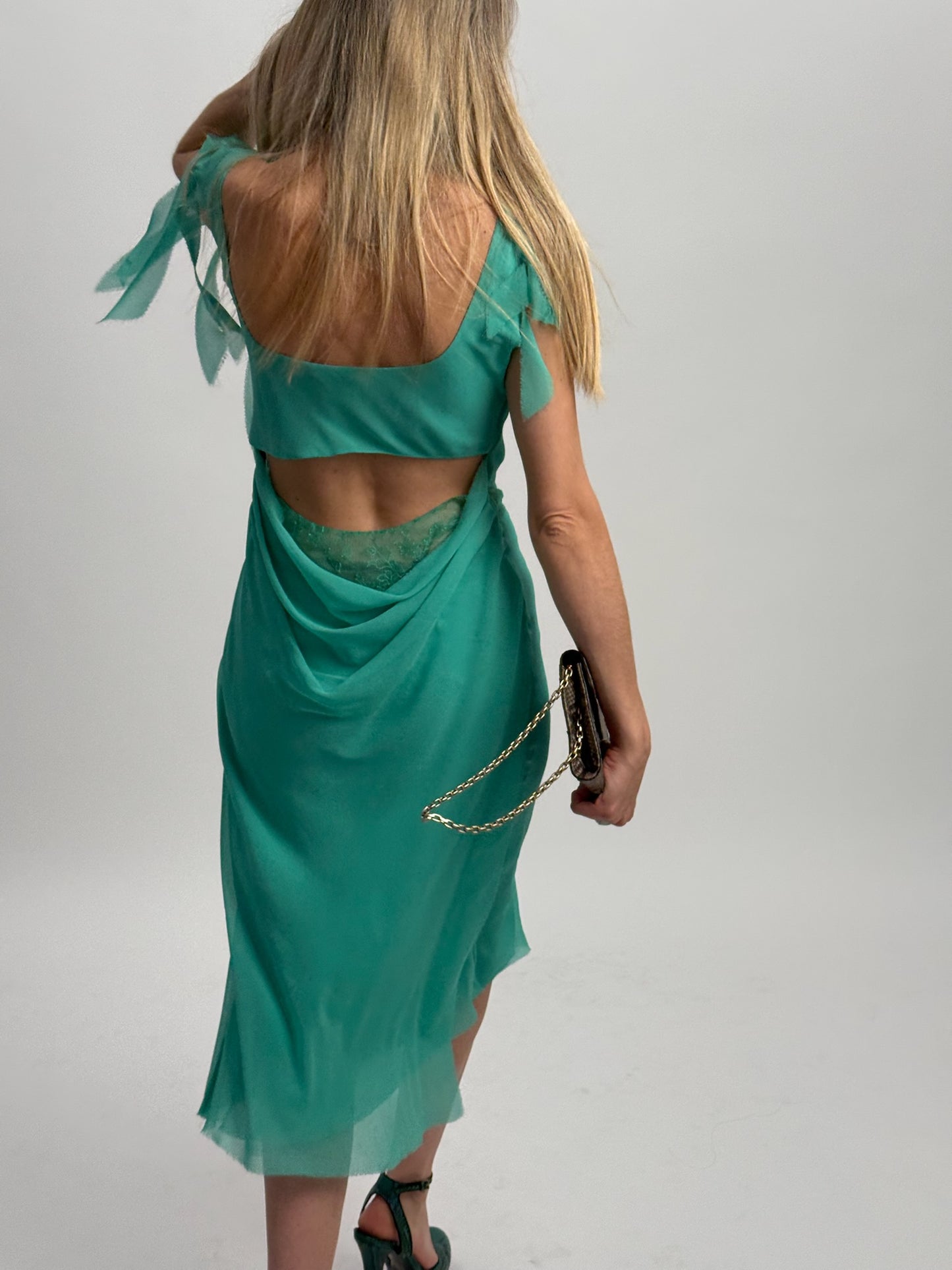 Nina Ricci Seafoam Midi Dress with Lace & Drape Details - Seafoam (Estimated Size Small)