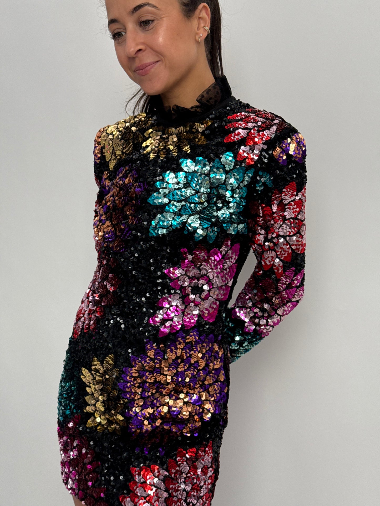 Millie Mackintosh All Over Flower Sequin Mini Dress with Ruffle Sleeve & Collar - Black & Multi (UK 8)