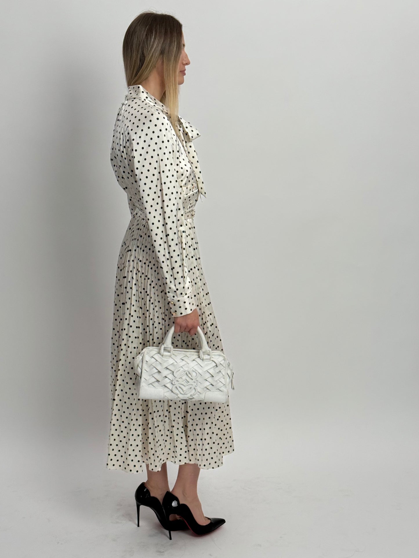 Self Portrait Polka Dot Maxi Dress with Pussy Bow Neckline & Detachable Belt - Black & White (UK 10)