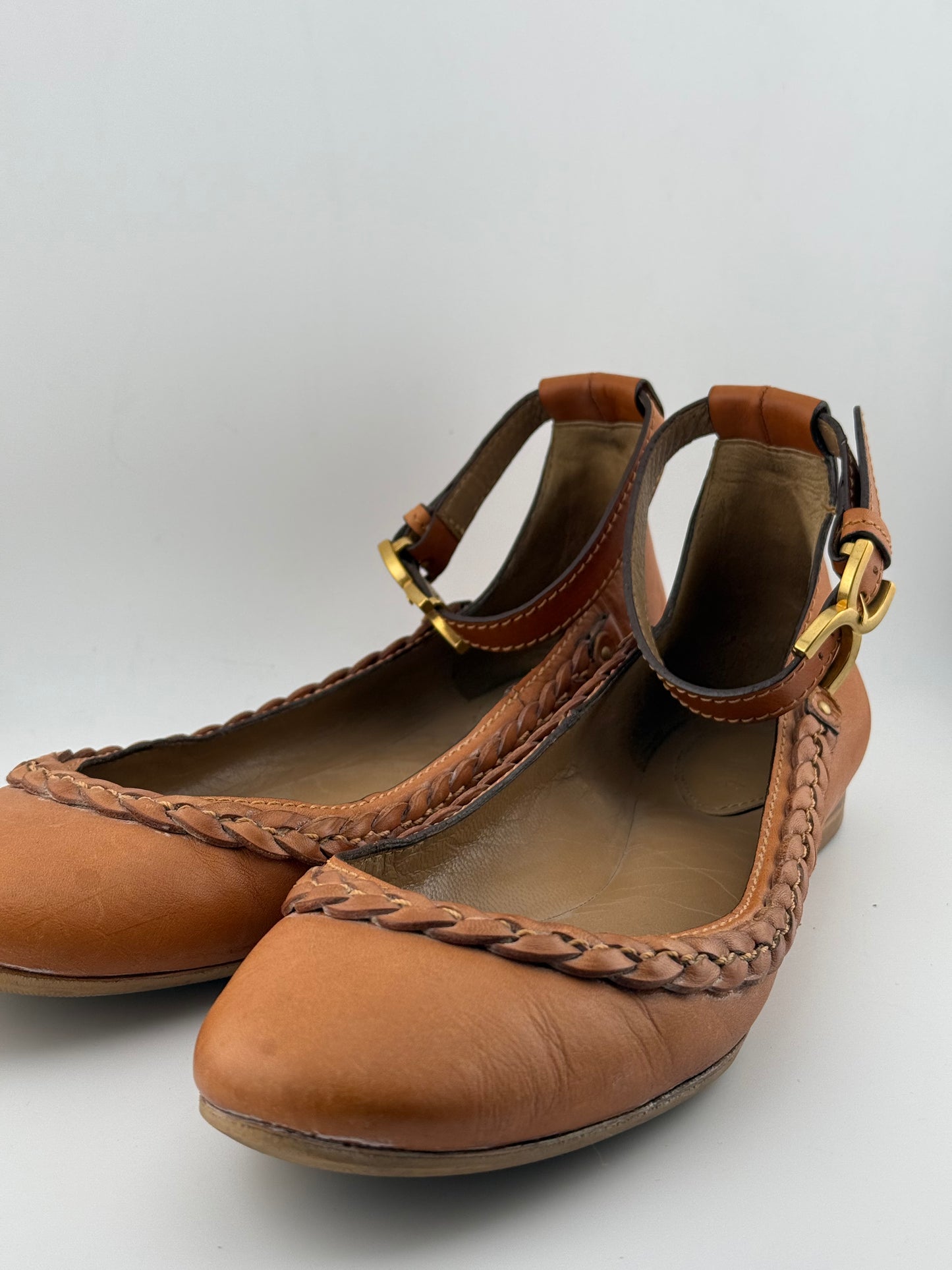 Chloe Bellet Flats with Ankle Strap & Plaited Trim - Tan (EUR 39.5)