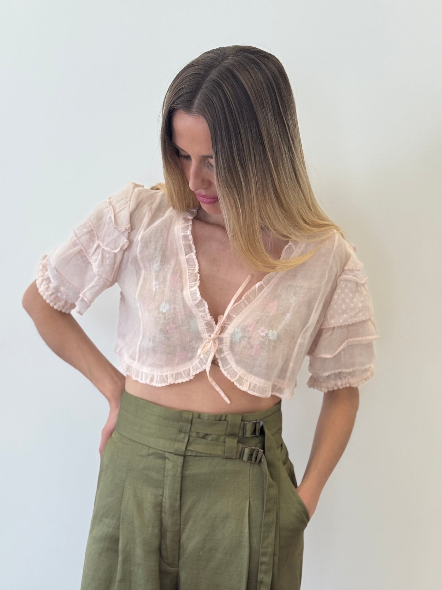 Noa Noa Pink Ruffle Sleeve Sheer Vest - Pastel Pink (Estimated Size S)
