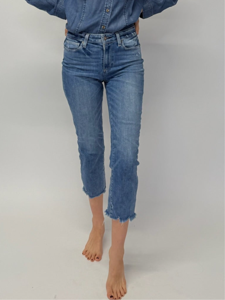 Paige Hoxton Cropped Straight Leg Jeans High Waist - Mid Blue (Size 26")