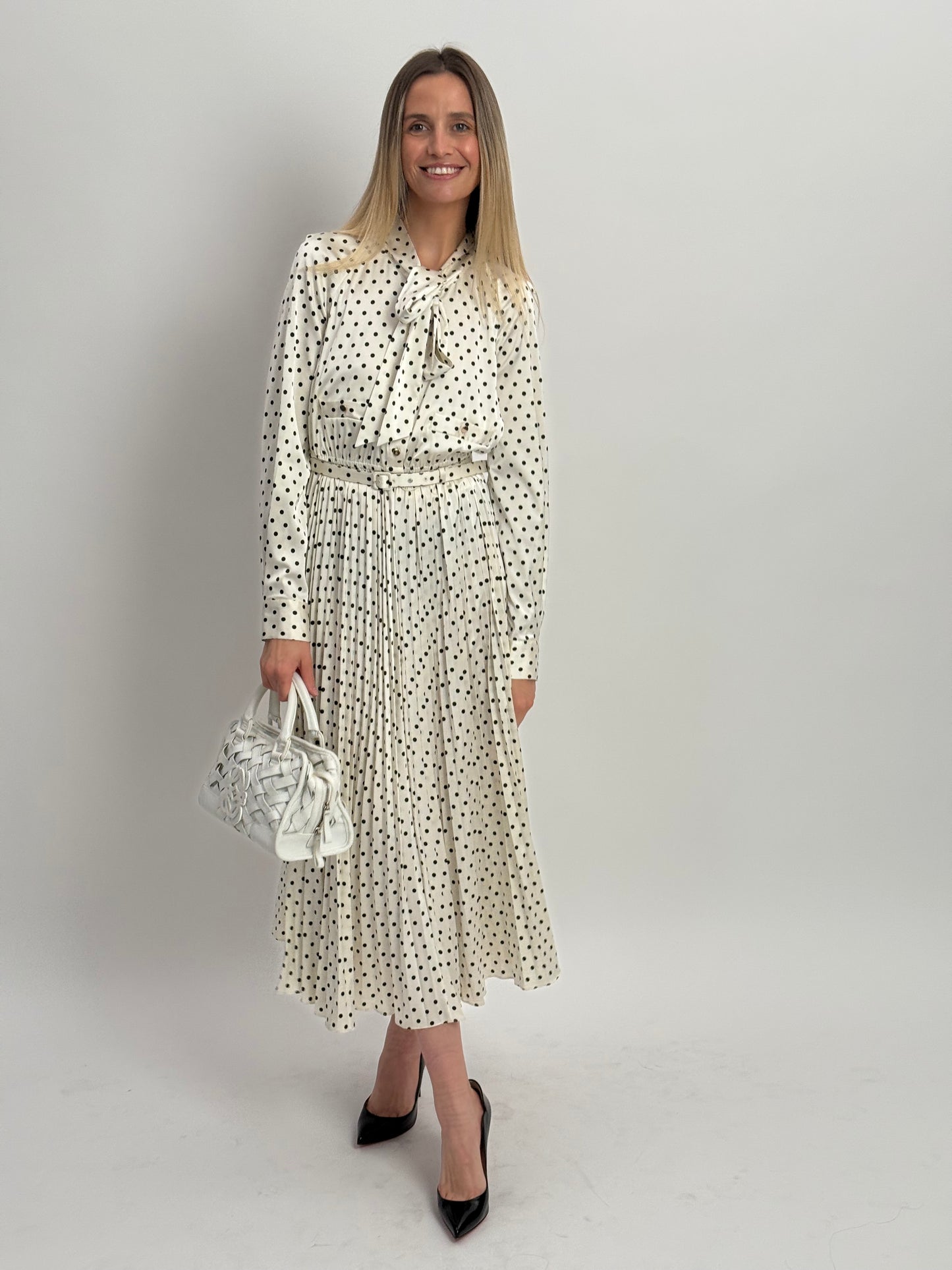 Self Portrait Polka Dot Maxi Dress with Pussy Bow Neckline & Detachable Belt - Black & White (UK 10)