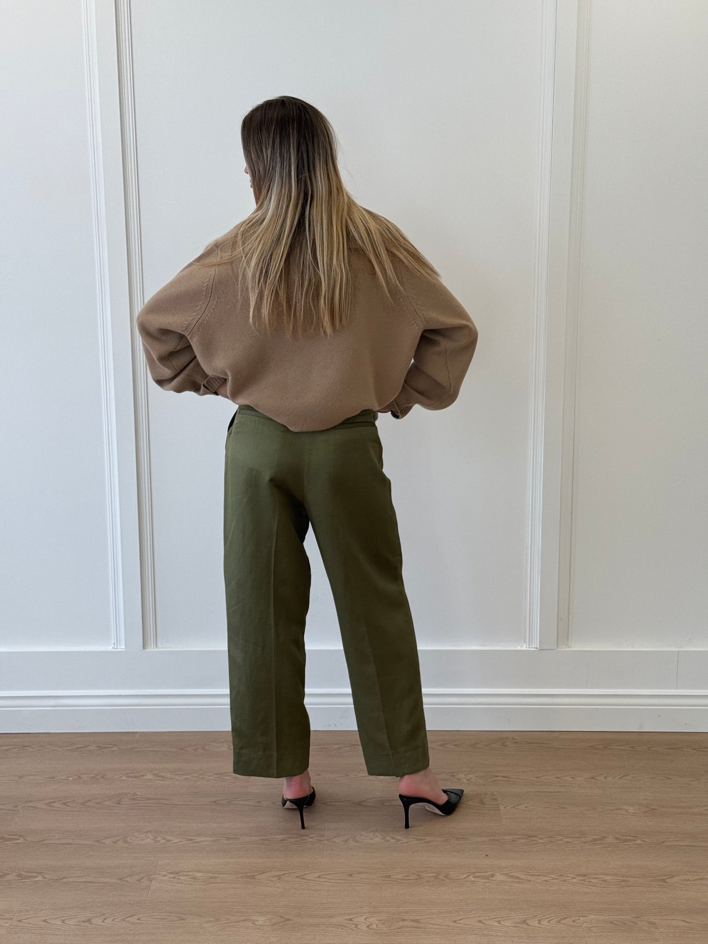 Sandro Green Barrel Leg Pants with Adjustable Belt - Khaki (Size 38)