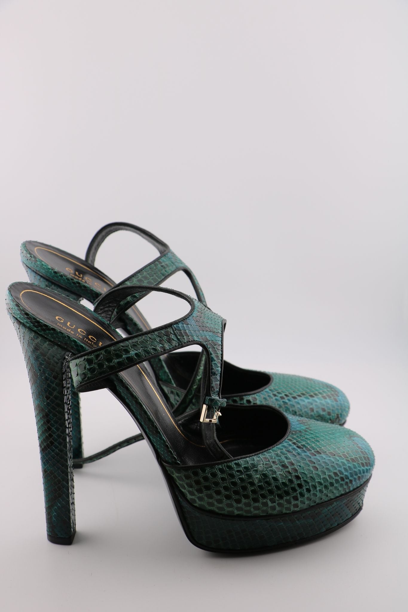 Gucci Round Toe Platform Heels with Ankle Strap in Green Snake (EUR 39)