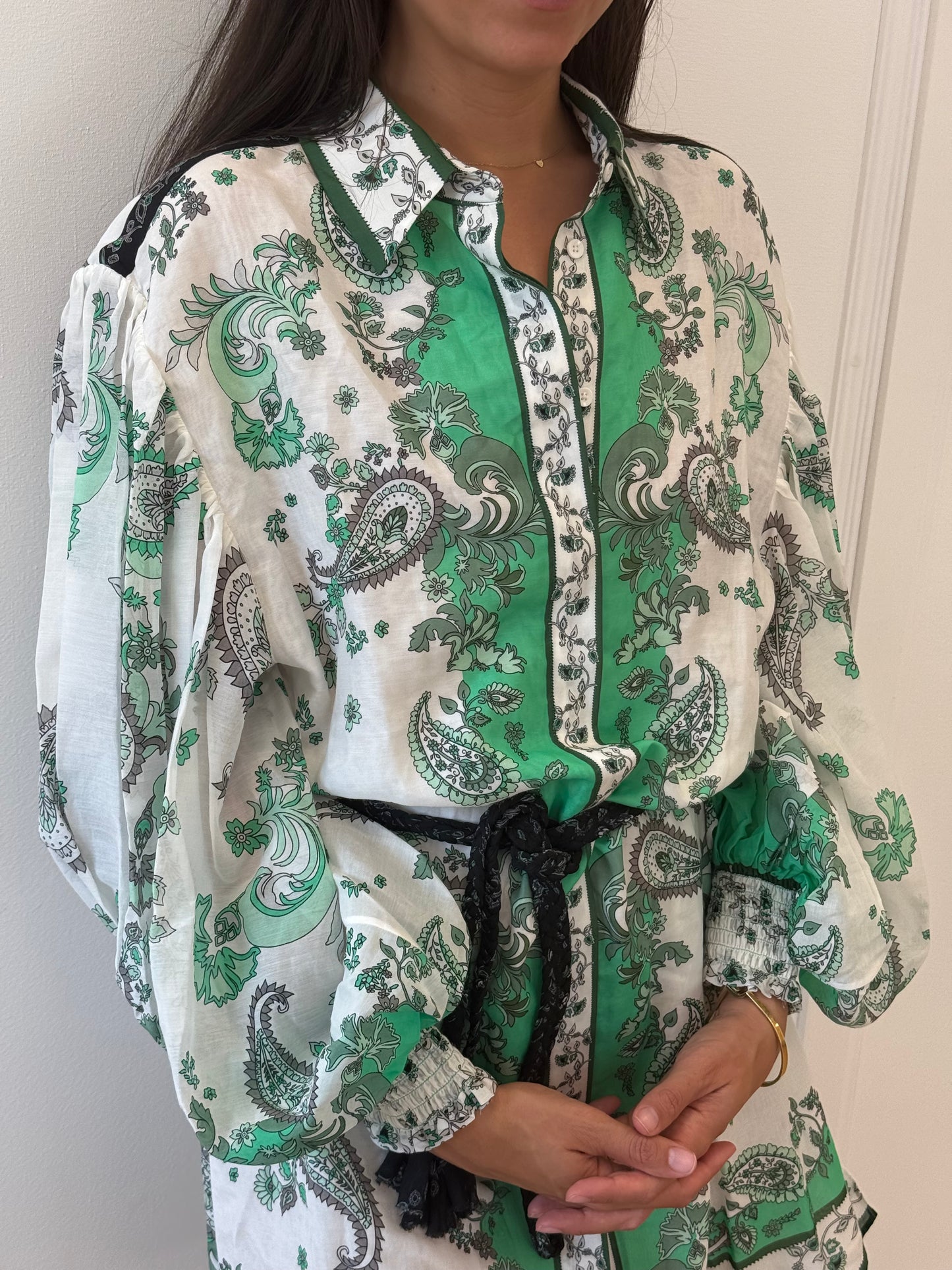 Alice + Olivia Green Paisley Shirt Dress with Plaited Belt (8)