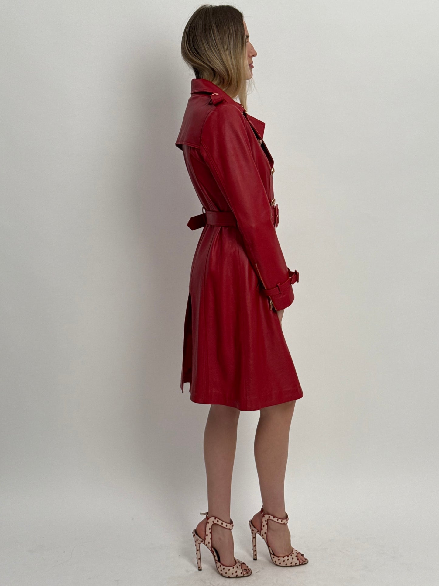 Santinni Couture Leather Trench Jacket - Red (Medium)