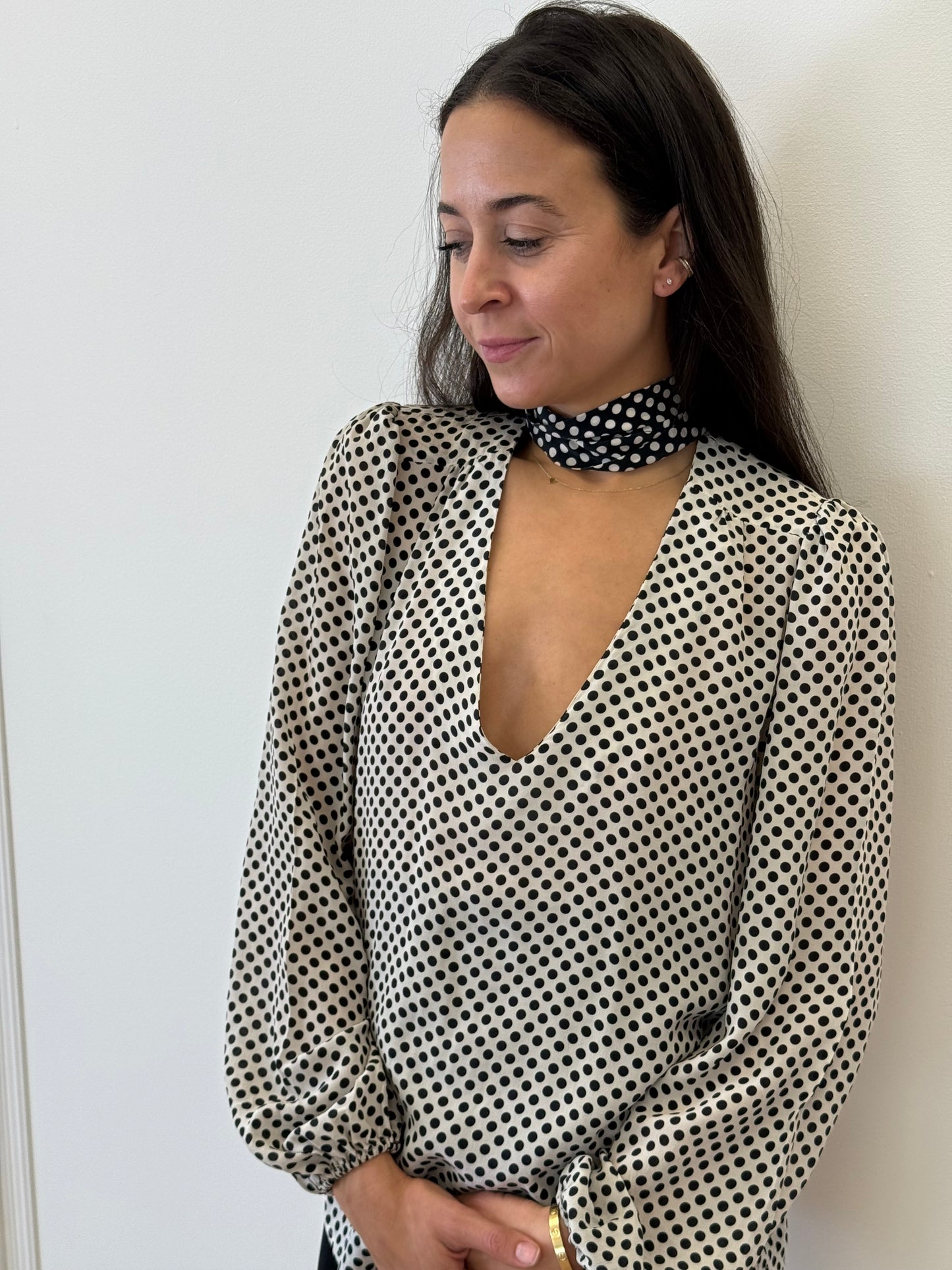 Rixo Spotty Pussy Bow Blouse - Black/White (Size S)