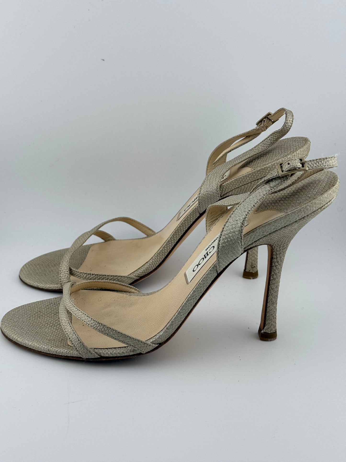 Jimmy Choo Sandals with Open Toe & Sling Back Strap - Gold Snake (EUR 40)