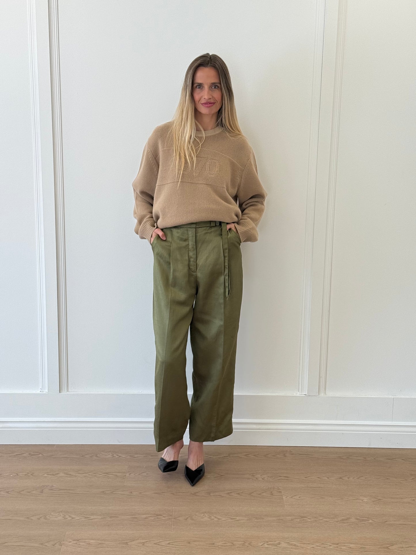 Sandro Green Barrel Leg Pants with Adjustable Belt - Khaki (Size 38)