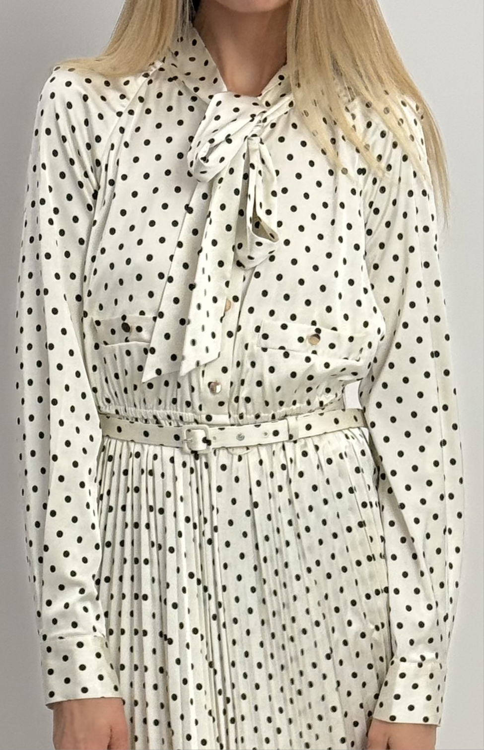 Self Portrait Polka Dot Maxi Dress with Pussy Bow Neckline & Detachable Belt - Black & White (UK 10)