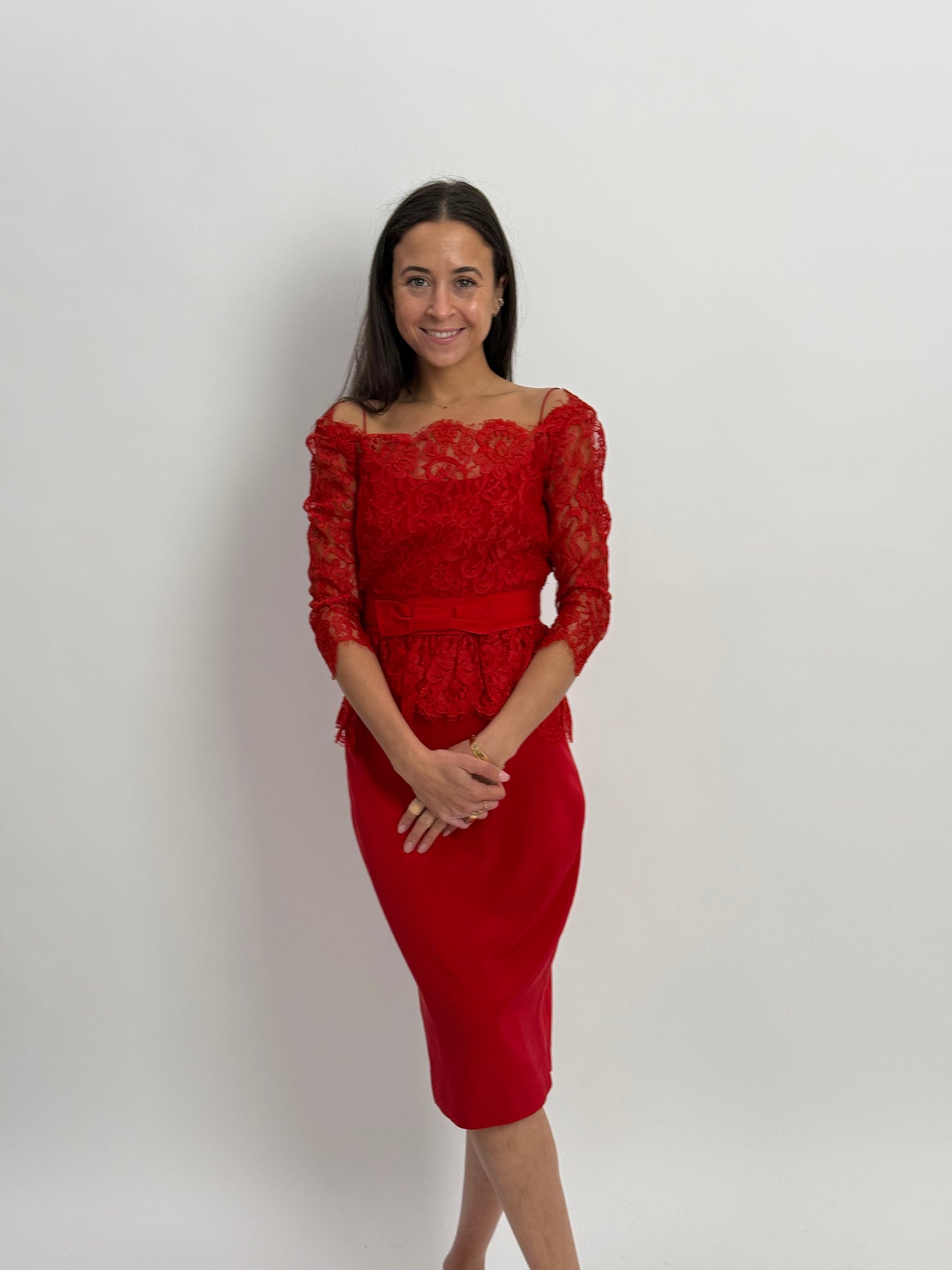 Marchesa Notte Lace Midi Dress - Red (Size 4)
