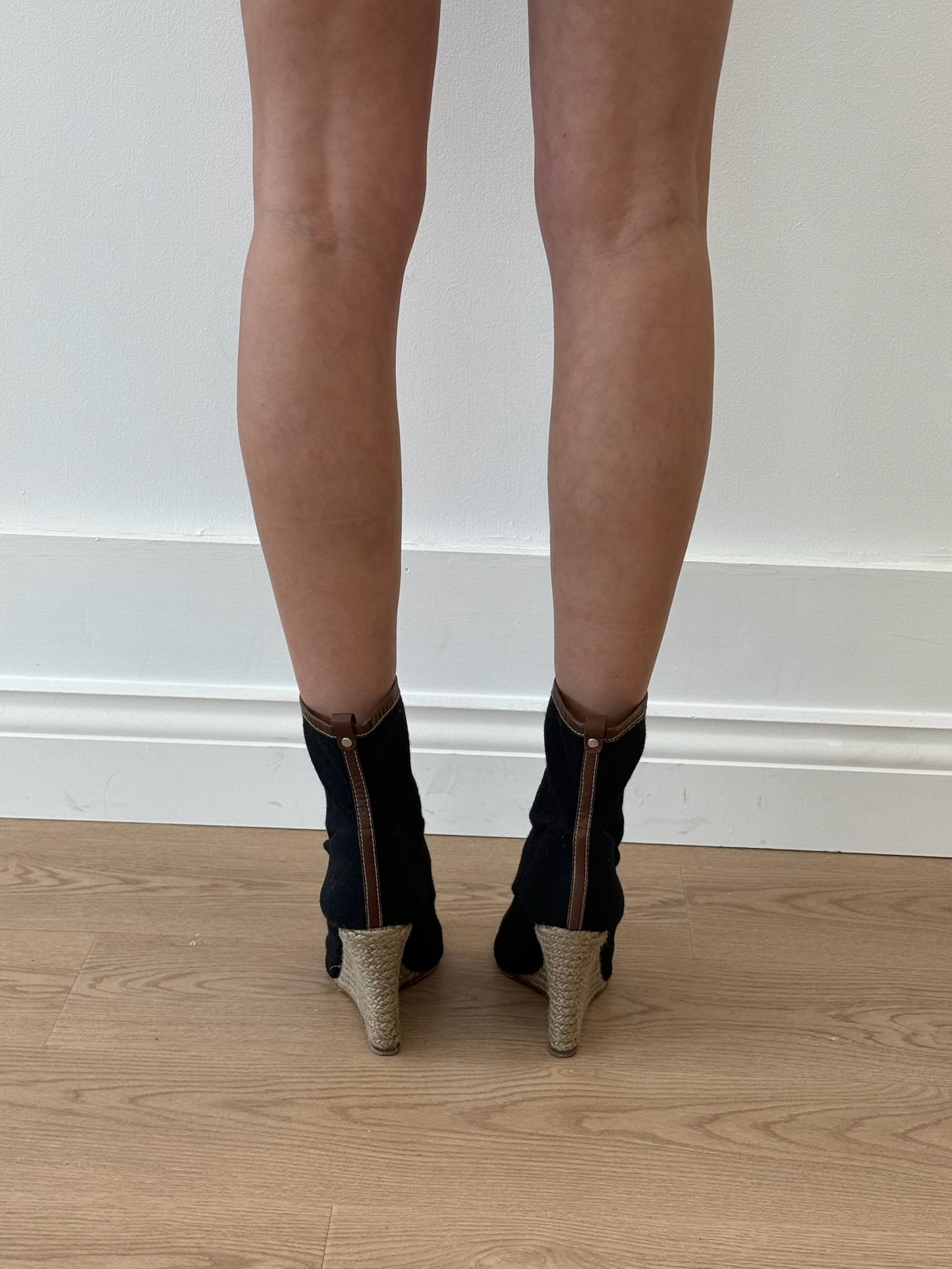 Christian Louboutin Felt Ankle Boot with Jute Wedge Heel - Black/Brown (Size 40)